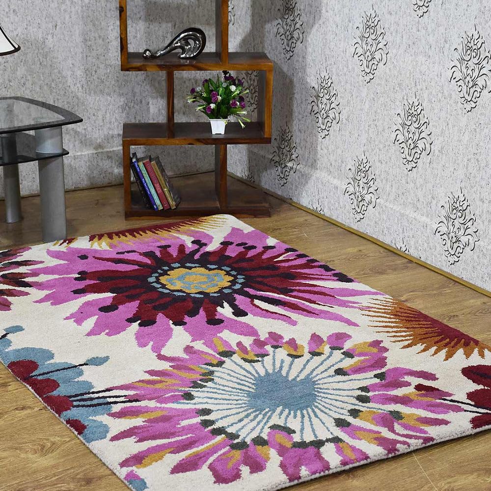 Hand Tufted Wool Eco-Friendly Area Rugs - 8'x10' Rectangle Cream Floral Modern Design, High Pile Thick Handmade Non-Slip Rug for Living Room, Bedroom, Nursery & Office - Soft & Durable Home Decor (K00504)