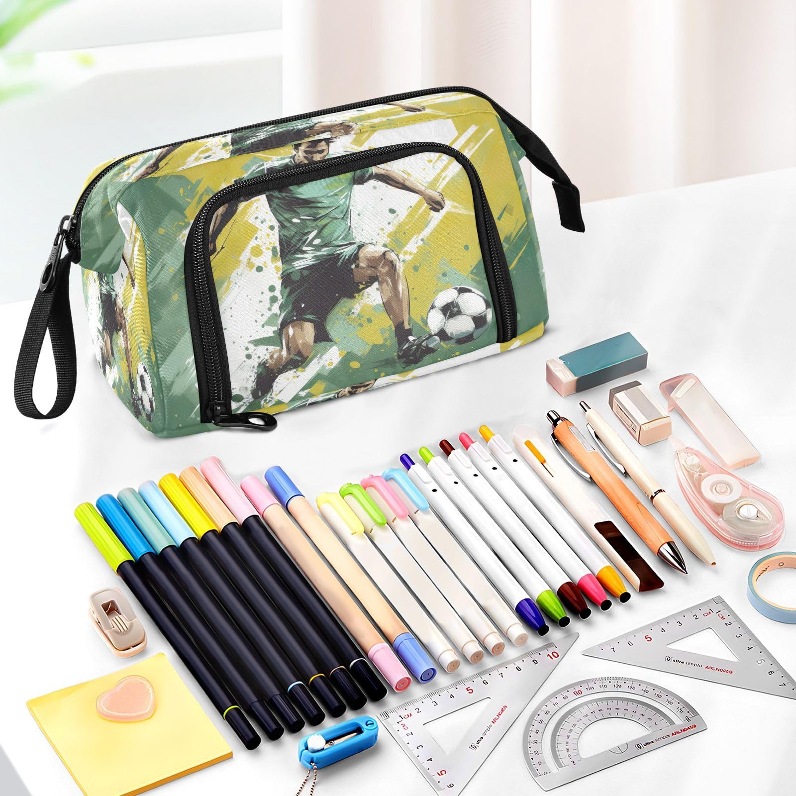 **Yellow Green Large Capacity Football Player Pencil Case - Portable Pen Organizer with Compartments for School, Office & Travel - Aesthetic Stationery Pouch for Boys, Girls, Teens & Adults**