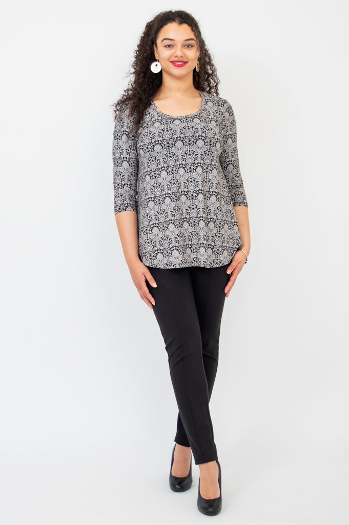 Jazz 3/4 Sleeve Top - Floral Demask Print Bamboo Fabric Women's Blouse for Casual Wear & Summer Outfits