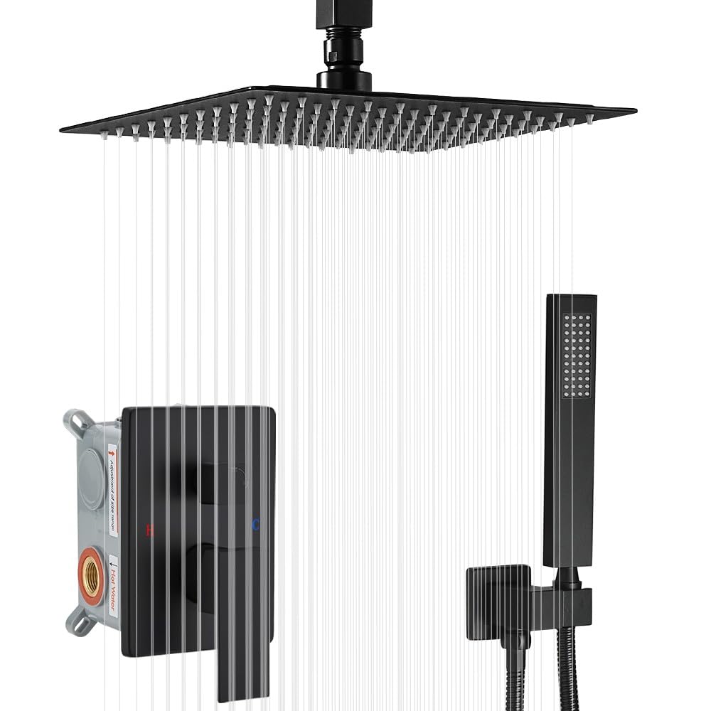 Premium Matte Black Shower System - 10 Inch Rain Shower Head with Handheld Sprayer, High Pressure Ceiling Mount Combo Set (Includes Rough-in Valve & Trim) for Modern Bathroom Luxury - Perfect for Spa-like Experience & Water-saving Home Upgrades