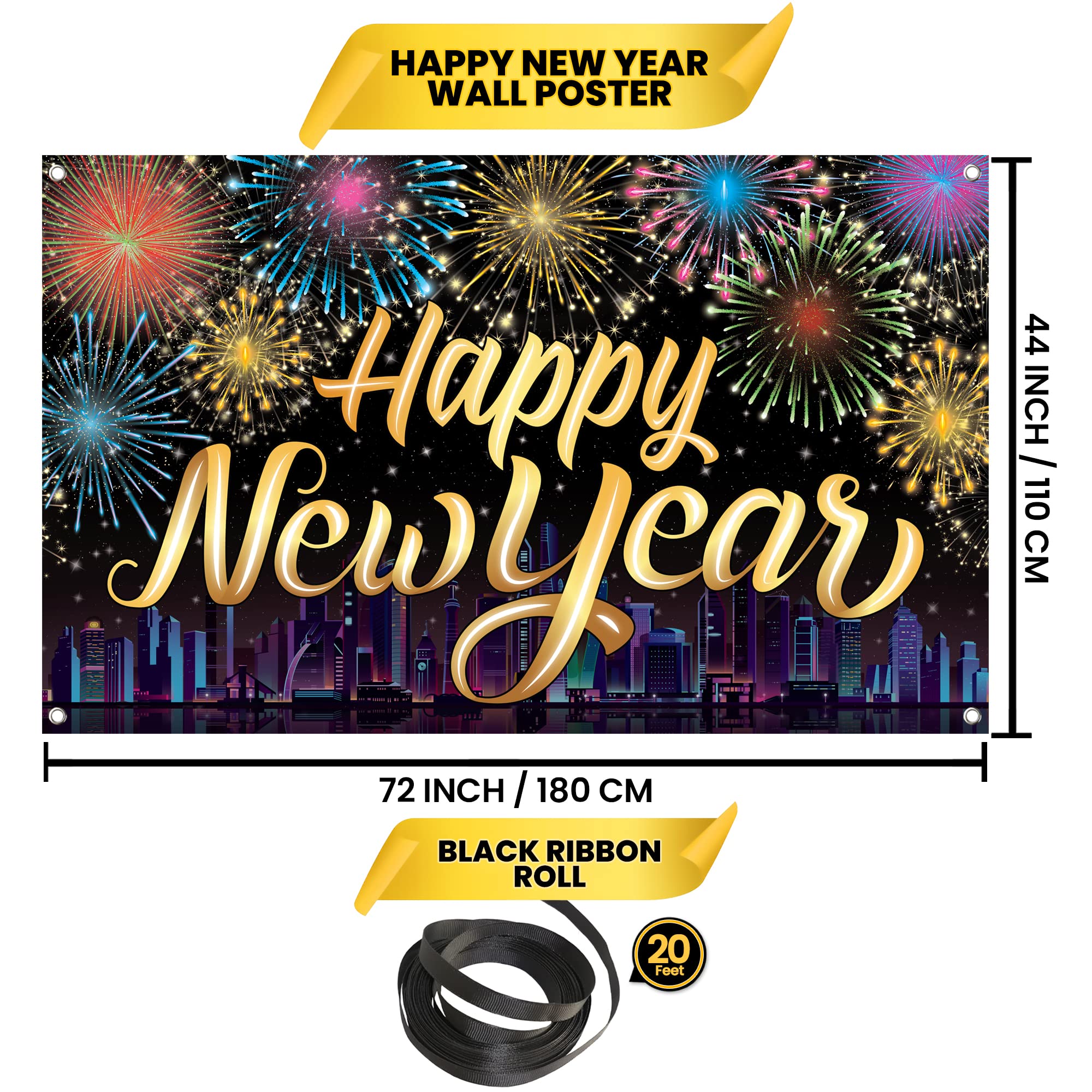 KatchOn Extra Large Happy New Year Banner - 72x44 Inch NYE Decorations 2025 | Firework New Year Backdrop for Party Supplies | Perfect for New Year's Eve Celebrations, Home Decor, and Photo Booths