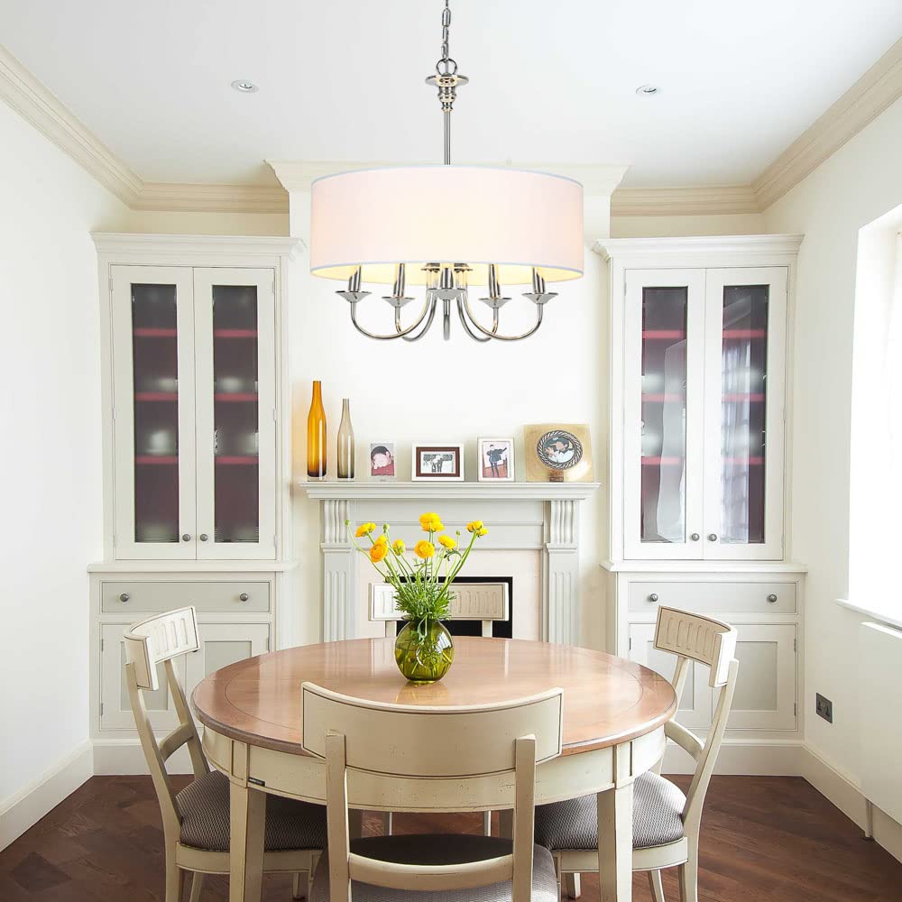 5-Light Traditional Chandelier with White Linen Drum Shade - Elegant Ceiling Light Fixture for Dining Room, Living Room, Kitchen | Perfect for Home Decor, Wedding Venues and Restaurant Lighting