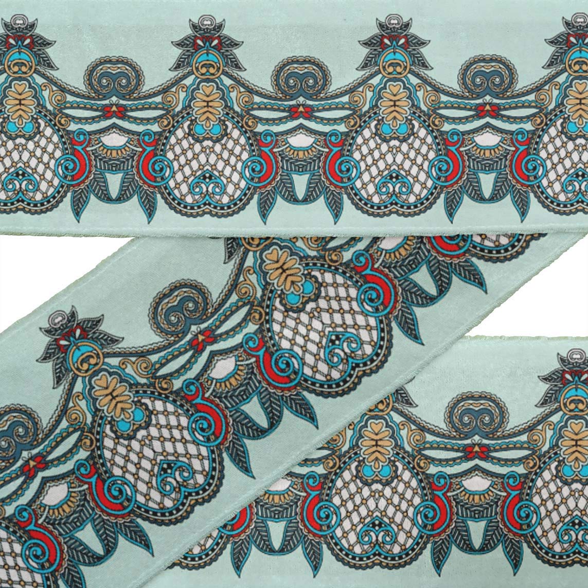 Green Leaves & Paisley Ethnic Ribbon Trim Tape - 3 Inch Wide Printed Dupion Fabric Lace for Sewing & Crafts (9 Yards) - Perfect for DIY Costumes, Home Decor & Scrapbooking
