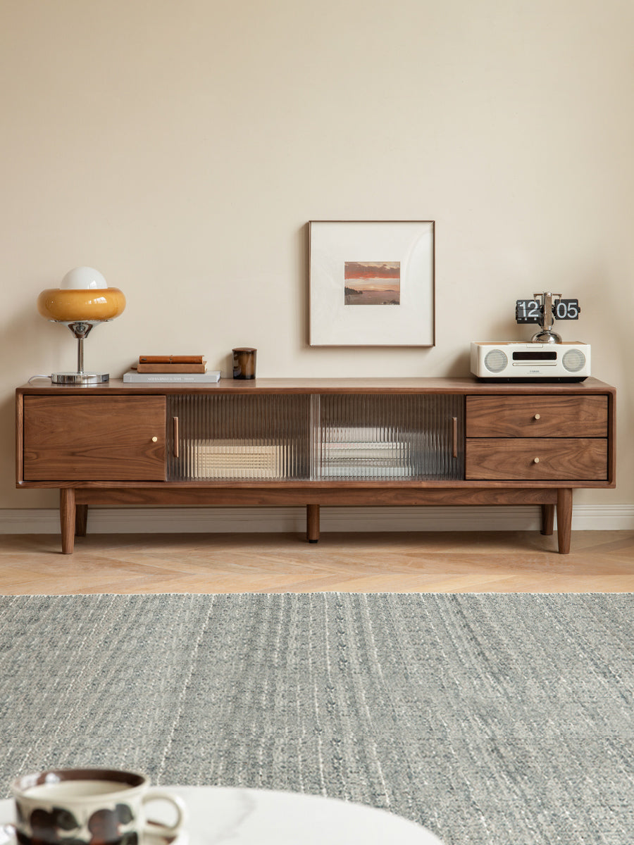 Premium Black Walnut Solid Wood TV Stand - Modern Entertainment Center with Storage Shelves for Living Room, Bedroom & Home Theater Setup