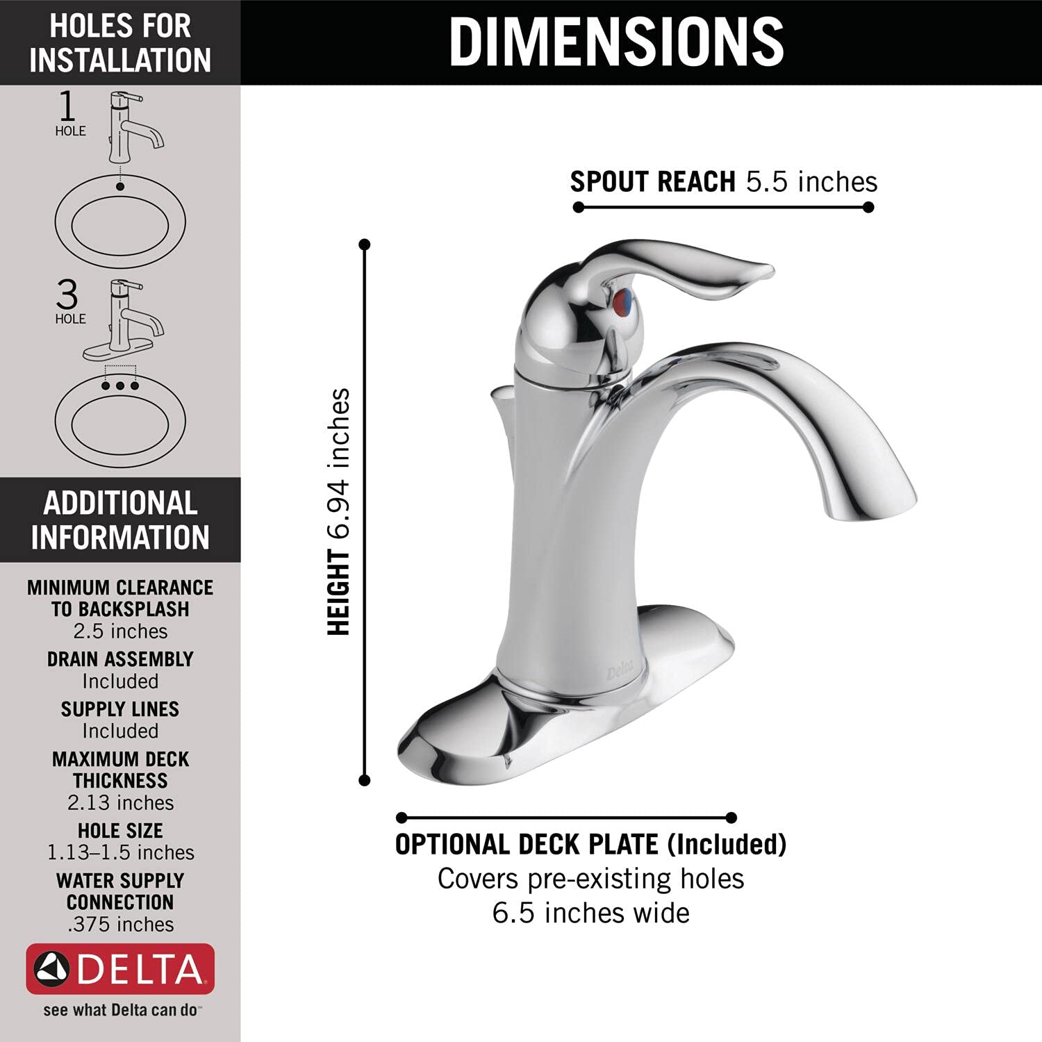 Delta Lahara Single Handle Bathroom Faucet in Chrome - 538-MPU-DST with Diamond Seal Technology & Metal Drain Assembly - Perfect for Modern Bathroom Sinks & Vanities
