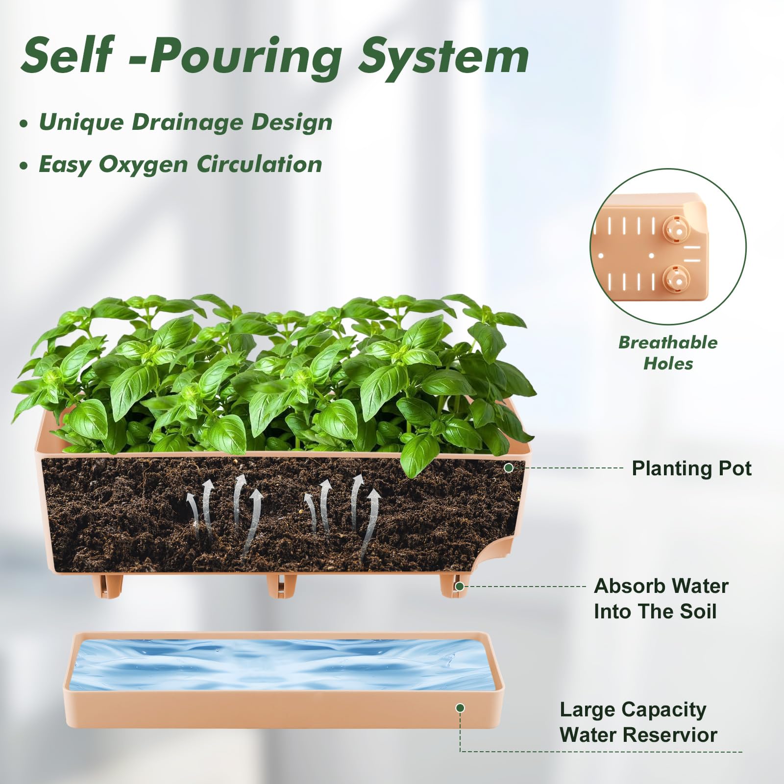 2 Pack Self Watering Planters - 17 Inch Large Rectangular Flower Pots with Drainage Holes & Saucers for Indoor Plants, Herbs, Succulents - Perfect Windowsill Planter Box for Kitchen, Balcony, Office (Orange)