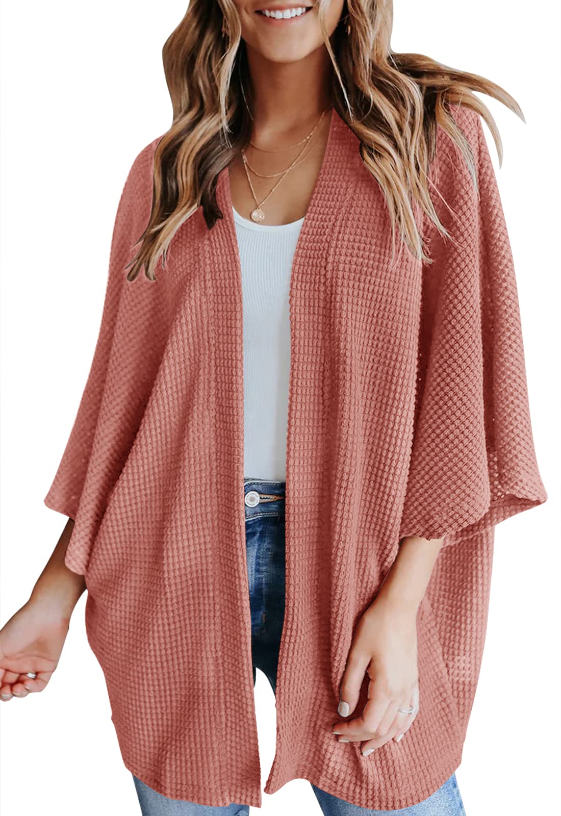 YIBOCK Women's Lightweight Kimono Cardigan Sweater - Loose Waffle Knit 3/4 Batwing Sleeve Beach Cover Up | Perfect for Summer, Vacation, and Casual Outfits