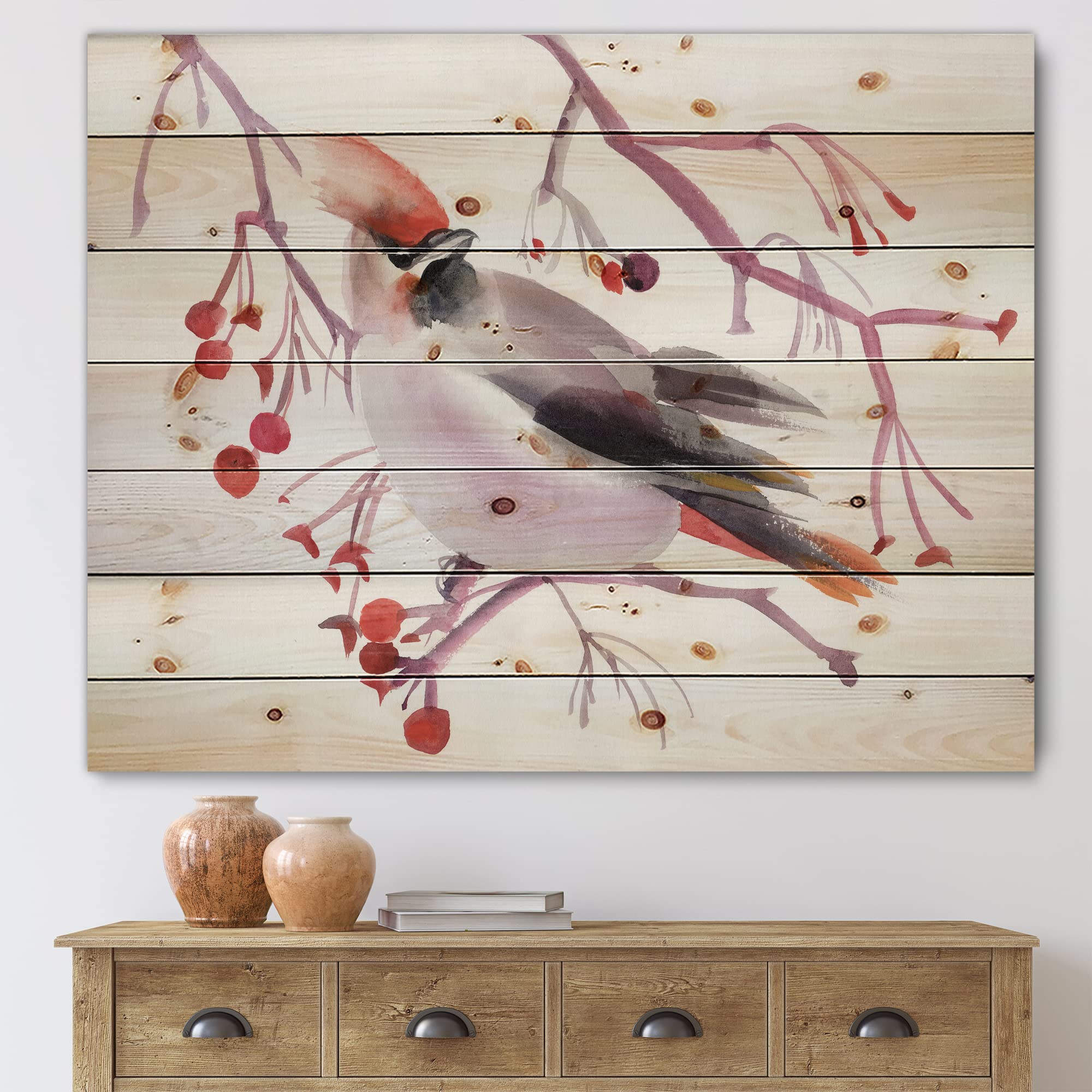 DesignQ Waxwing Bird on Branch Traditional Wood Wall Art - Handcrafted Red Wood Decor, Large Animal Print on Natural Pine Wood Panel - Perfect for Living Room, Bedroom & Office Decor