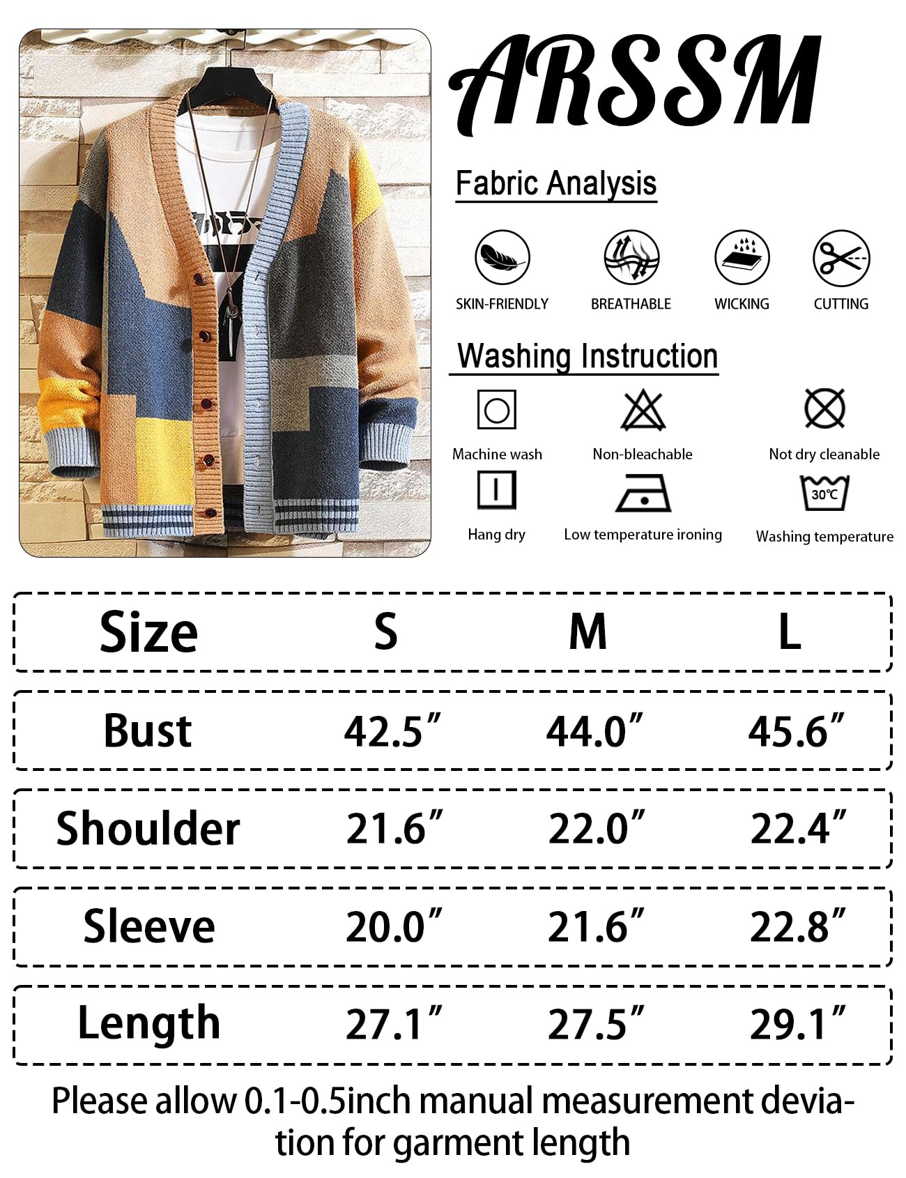 Arssm Men's Knitted Cardigan Sweater - Long Sleeve V-Neck Button Down Casual Cardigan for Office, Date & Fall Layering