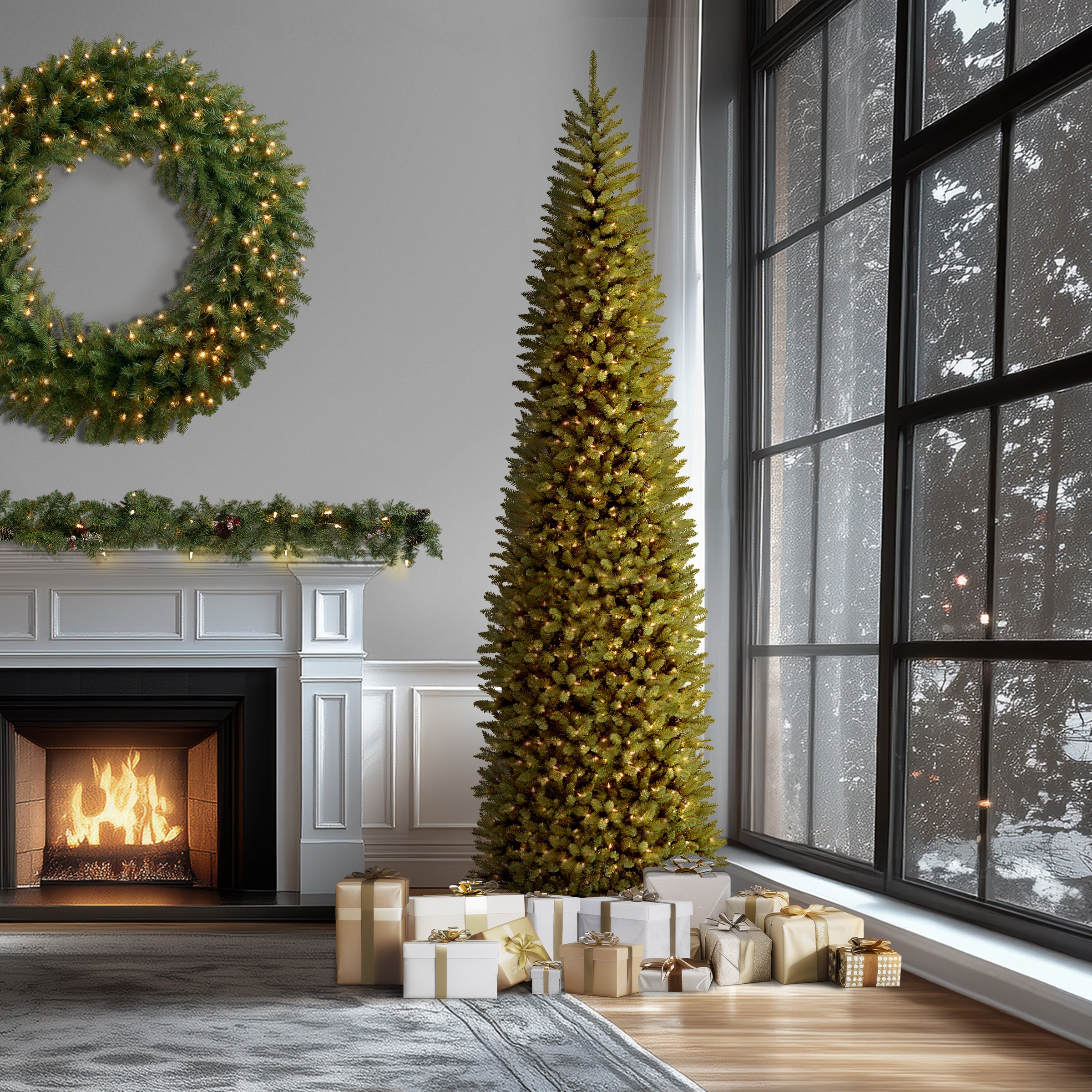 14 ft Pre-Lit Kingswood Fir Pencil Christmas Tree with 500 Clear LED Lights - Perfect for Living Room, Office, and Holiday Decorations