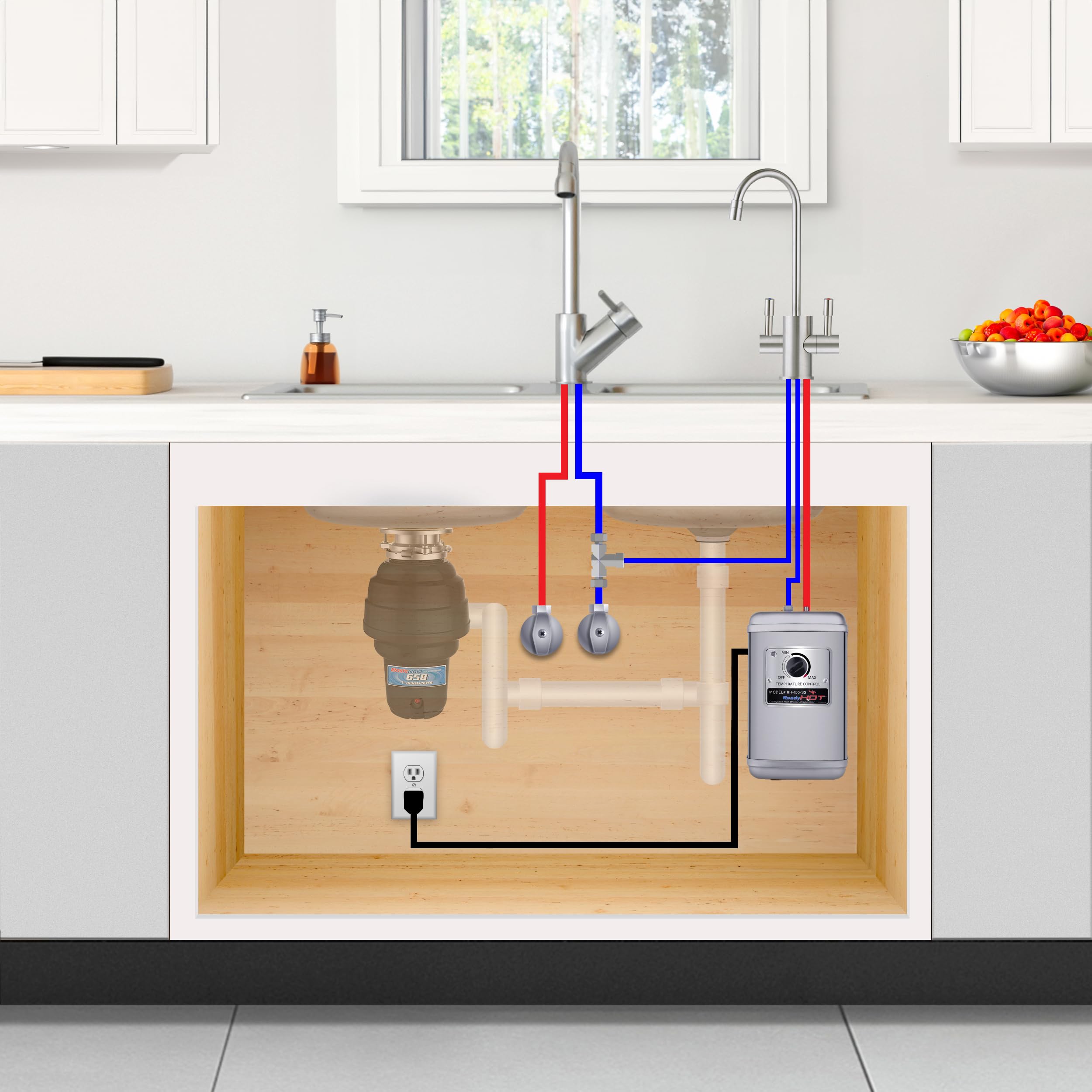 Instant Hot Water Dispenser - Stainless Steel Tank, Wall Mounted, Adjustable Temperature Control, Hot & Cold Dual-Lever Faucet (Chrome Finish) - Perfect for Kitchen, Office, or RV Use - Model 41-RH-150-F560-CH