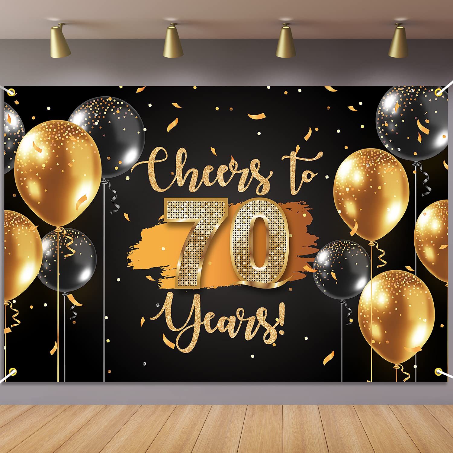 Happy 70th Birthday Backdrop Banner - Gold & Black Anniversary Photography Background Decor for Women & Men - Perfect for Milestone Celebrations, Retirement Parties & Family Gatherings