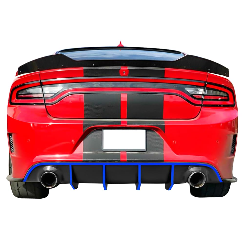 IKON MOTORSPORTS V2 Style Rear Diffuser with Blue Reflective Tape - Compatible with 2015-2023 Dodge Charger SRT | Aggressive Styling Upgrade for Street Racing & Car Shows