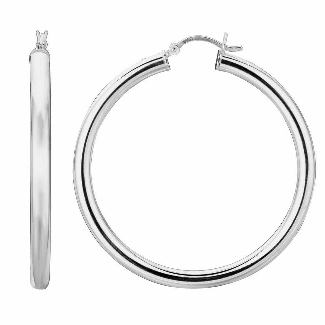 925 Sterling Silver Rhodium Plated Shiny Round Hoop Earrings with Secure Hinged Clasp - Elegant Women's Hoop Earrings for Everyday Wear, Parties & Special Occasions