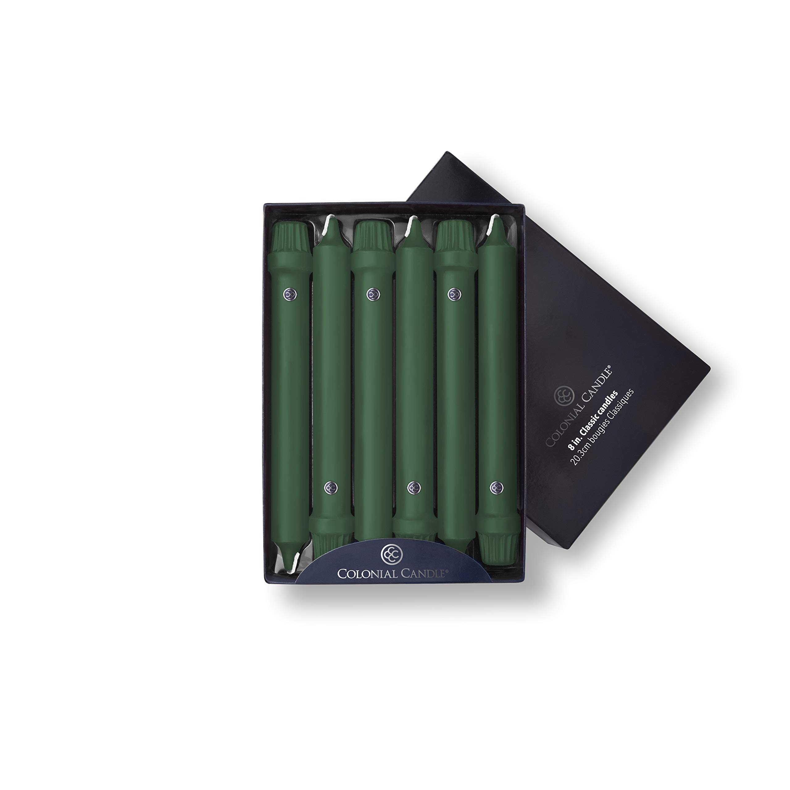 Colonial Candle Unscented Taper Candles - Classic Collection Evergreen 8-Inch (Pack of 12) | 6-Hour Burn Time | Perfect for Dining Tables, Holiday Decor & Romantic Ambiance