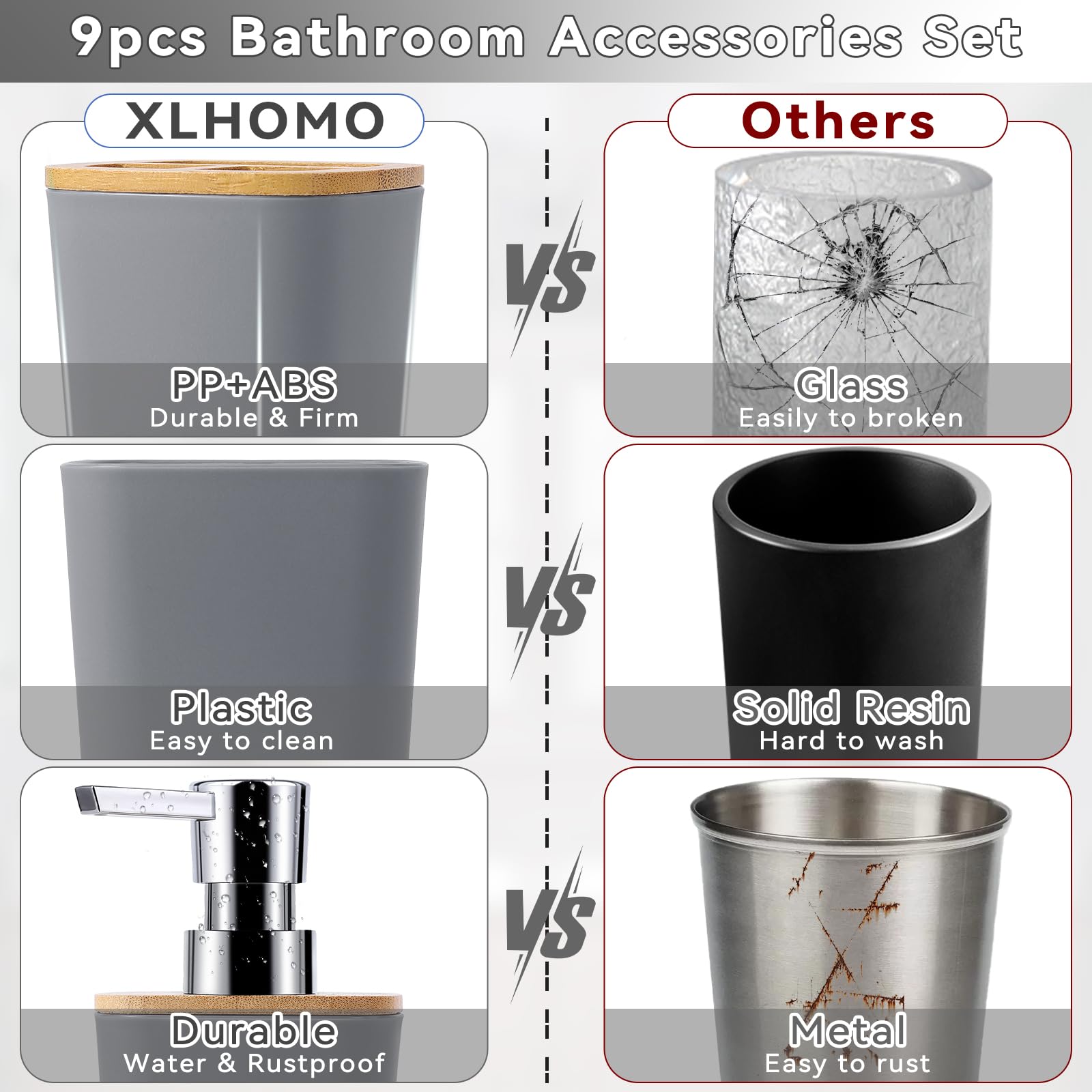 9-Piece Grey Bathroom Accessories Set - Toothbrush Holder, Soap Dispenser, Trash Can & More | Modern Bathroom Decor for Home, Apartment, Hotel (Toothbrush Cup, Vanity Tray, Soap Dish, Toilet Brush, Qtip Holder Included) - Perfect for Guest Bathrooms & Spa-Style Showers