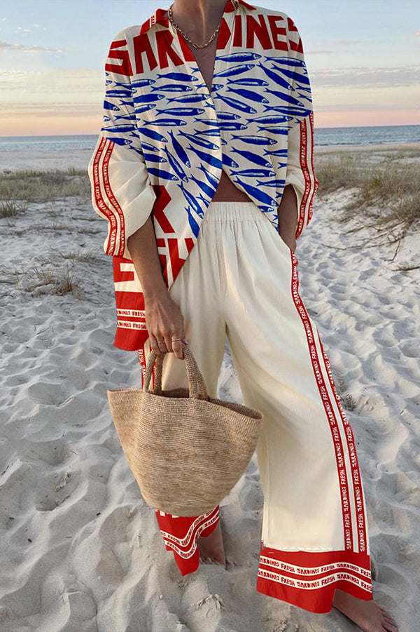 Stylish Ocean Print Oversized Shirt & Elastic Waist Pocket Pants Set - Women's Casual Loungewear for Beach Vacation & Summer Outfits