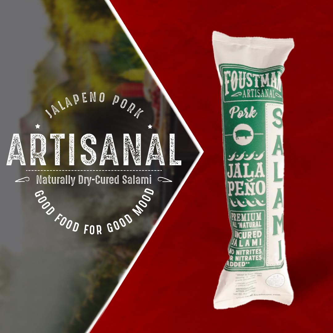 Foustman's Artisanal Jalapeno Pork Salami - Nitrate-Free, Naturally Cured, Gluten & Dairy Free Lunch Meat (8 Oz) - Perfect for Charcuterie Boards, Sandwiches & Keto Snacks