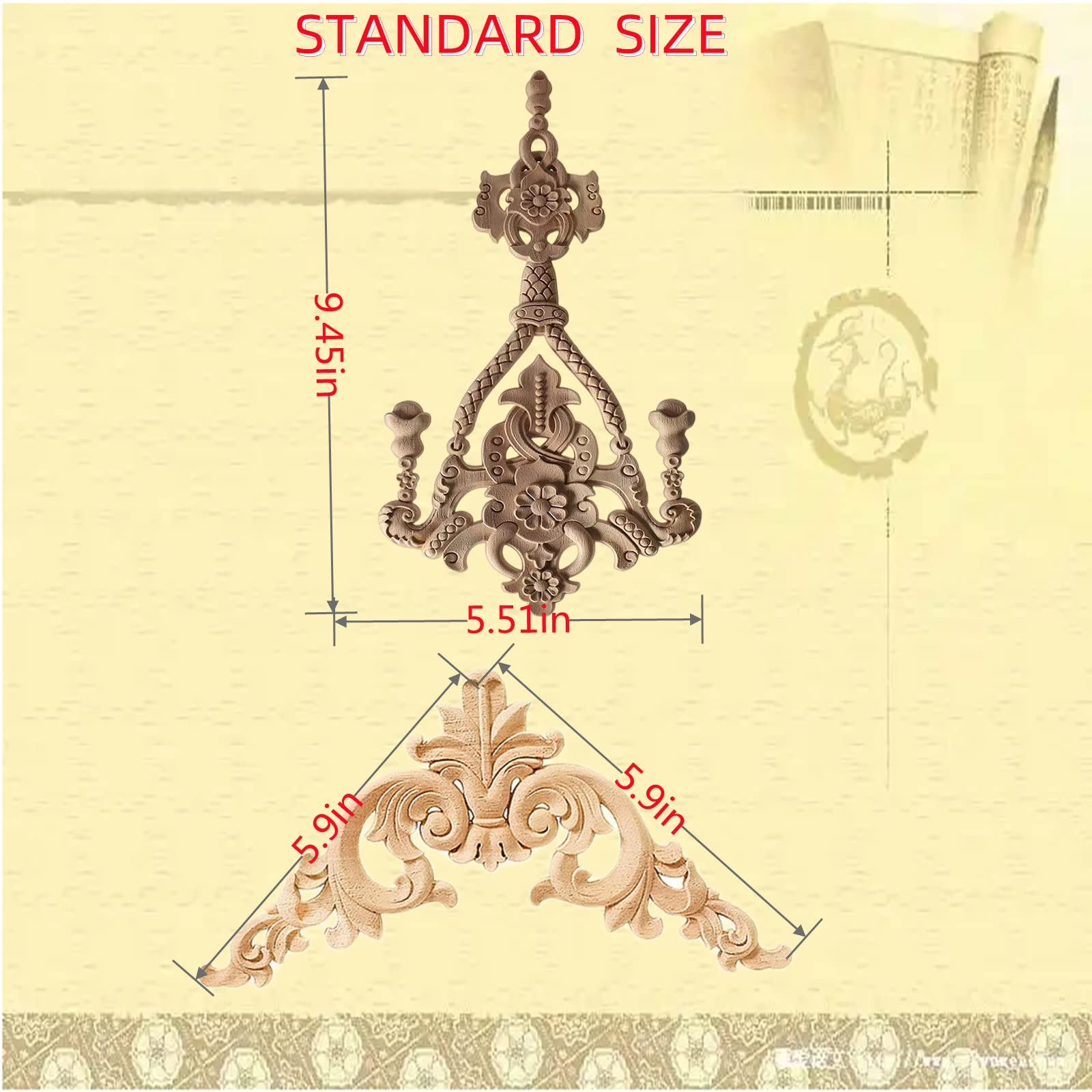 5PCS Unfinished Wood Appliques - Hand-Carved Decorative Onlays for Furniture, Cabinets, Doors & Wardrobes - Elegant Wood Carving Decor for Home Improvement & DIY Projects