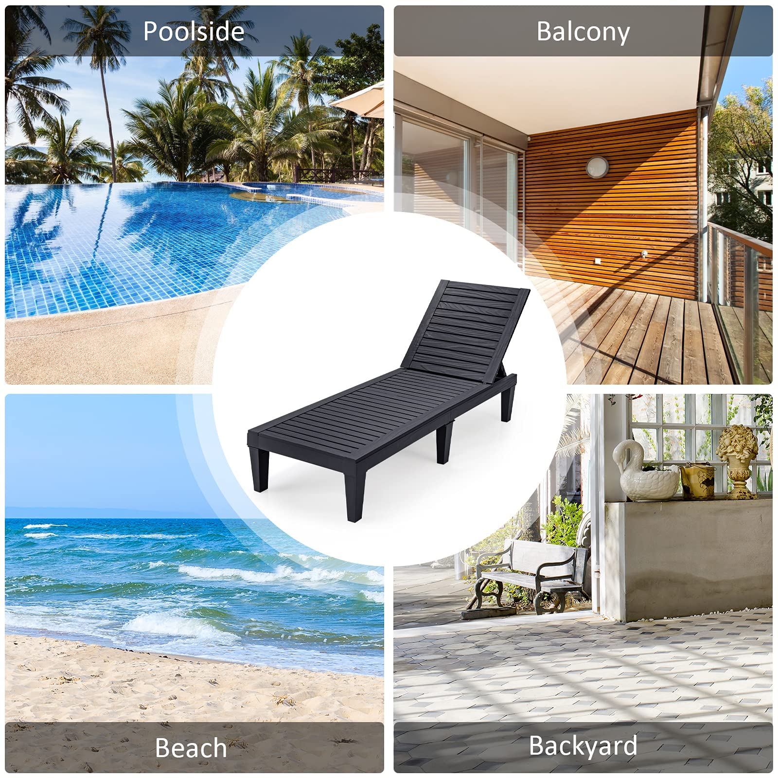 Tangkula Outdoor Chaise Lounge Chair - Lightweight Adjustable Recliner with 5 Positions, Durable Patio Furniture for Backyard, Poolside, Beach & Balcony - Perfect for Sunbathing, Relaxing & Outdoor Lounging (Black, Set of 2)