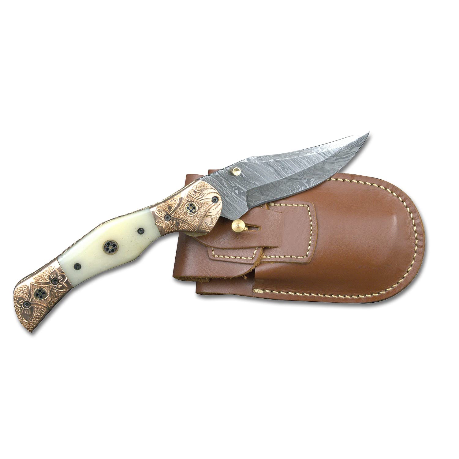 Hand Forged Damascus Steel Folding Pocket Knife - Premium Camping & Survival Knife with Leather Sheath - Handmade Hunting Knife for Outdoor Enthusiasts - Perfect for Camping, Hiking, Bushcraft and Everyday Carry (EDC)