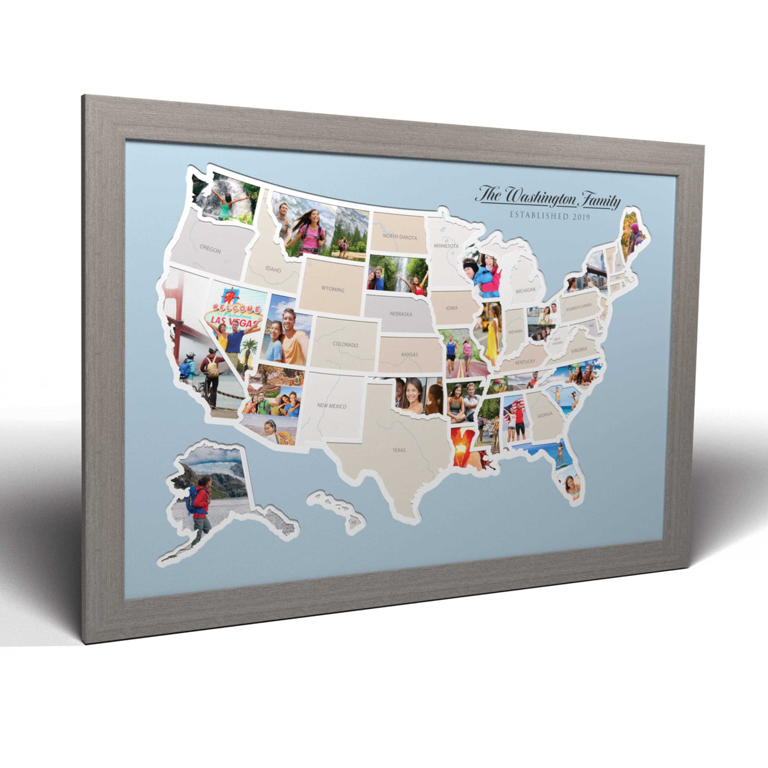 Custom USA 50 States Photo Map - Personalized American-Made Wall Art with Optional Frame (Caribbean, Grey) - Perfect for Home Decor, Office Gifts & Travel Memories