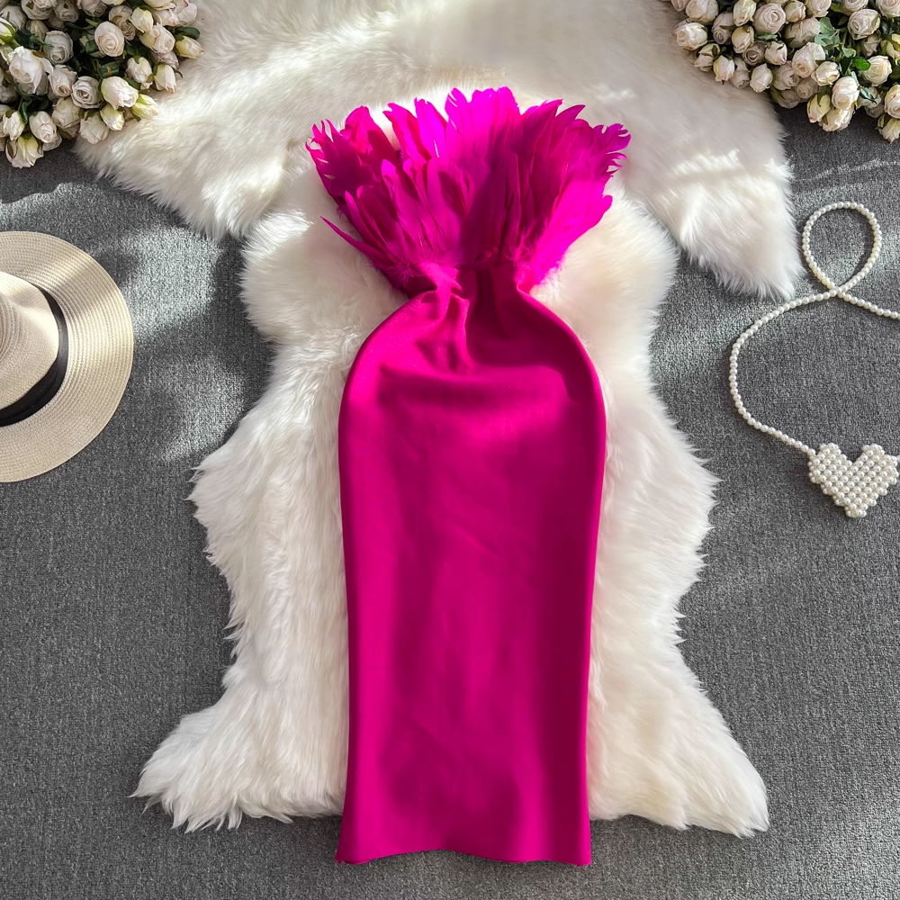 Elegant Feather Tube Top Mid-Length Knitted Evening Dress for Women - Perfect for Parties, Weddings & Special Occasions