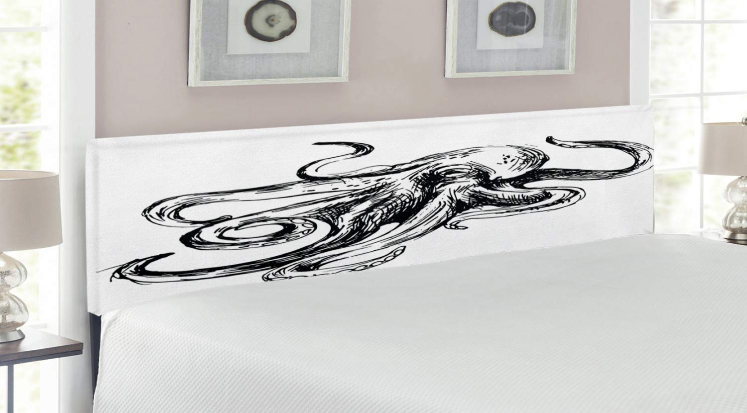 Ambesonne Octopus Headboard King Size - Marine Wildlife Sketch Illustration with Large Tentacles, Nautical Art Upholstered Metal Bed Frame with Memory Foam in Black & White | Perfect for Coastal, Beach House or Ocean Theme Bedroom Decor