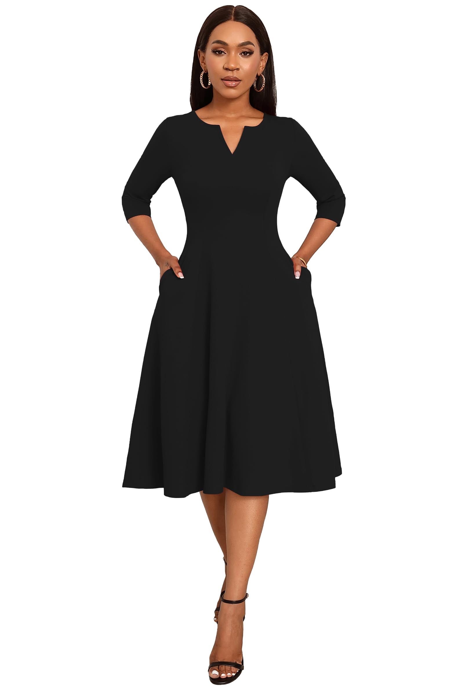 Nmoder Women's A-Line Midi Dress with 3/4 Sleeves & Pockets - Flattering Fit and Flare Cocktail Dress for Wedding Guest, Office Work & Special Occasions