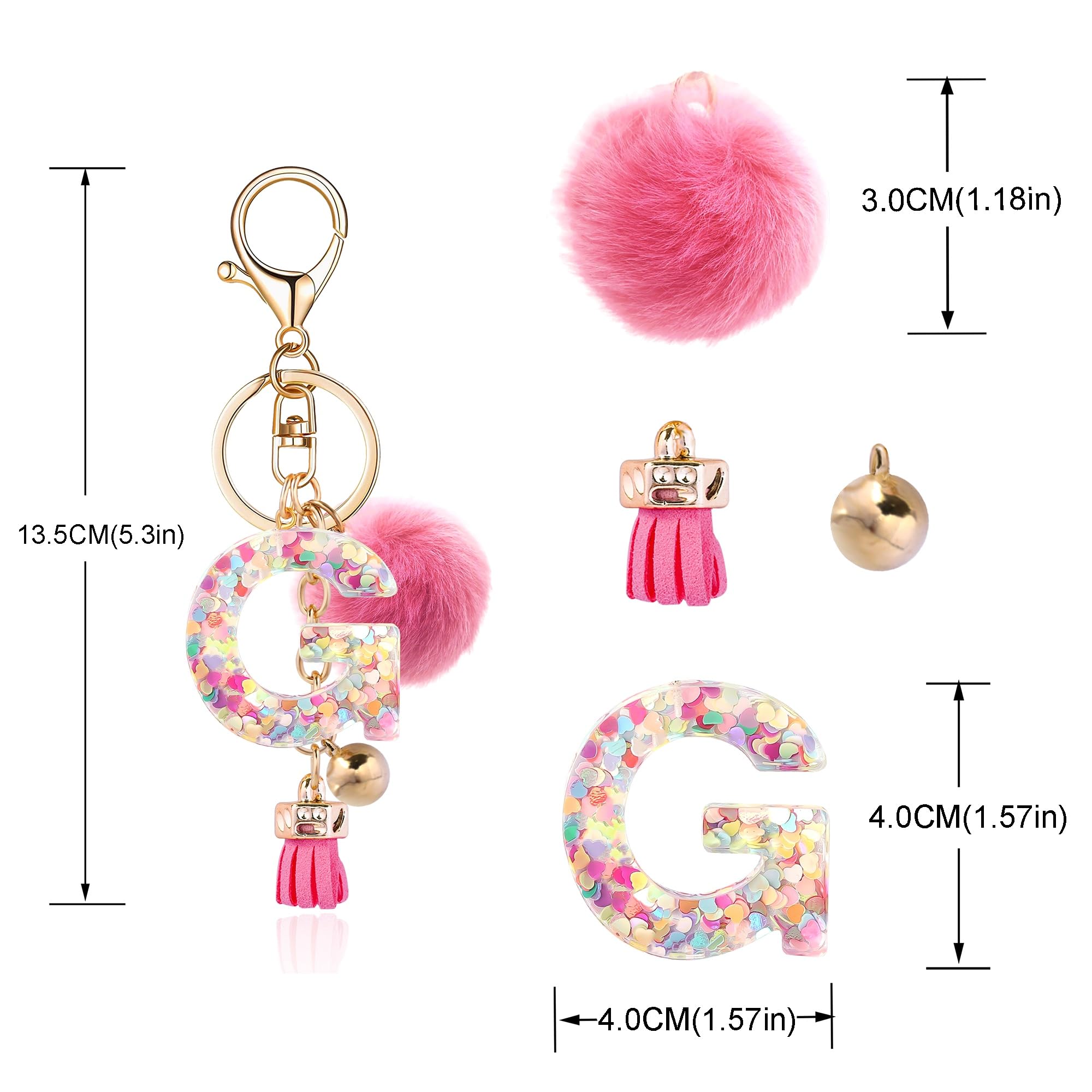 Personalized Resin Alphabet Initial Letter Keychain for Women - Custom Name Keyring with Soft Fur Ball Pom Pom - Perfect for Handbags, Purses, Backpacks & Gift Giving