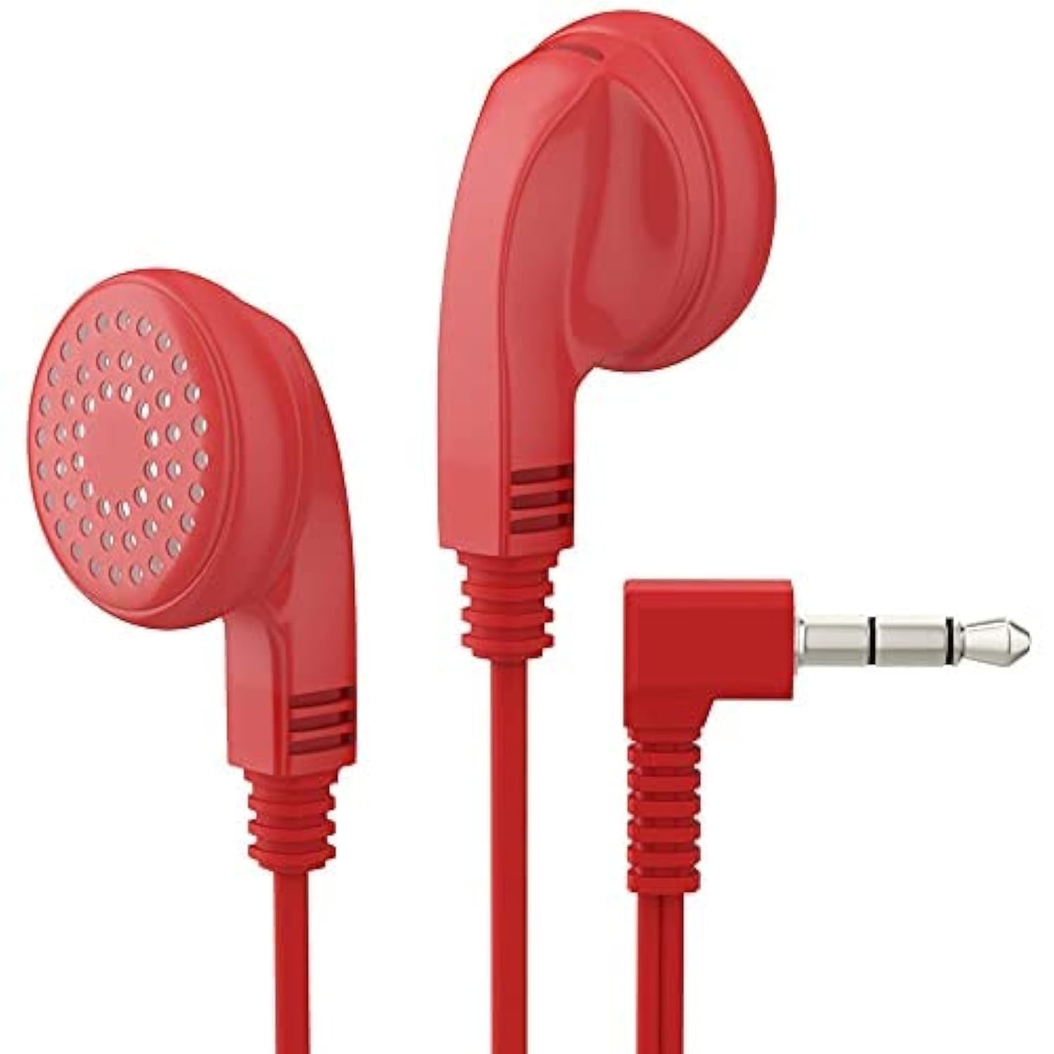 Maeline Bulk Earphones 100 Pack - 3.5mm Wired Headphones with Tangle-Free Cord - Red - Perfect for Schools, Gyms, Events & Retail Giveaways