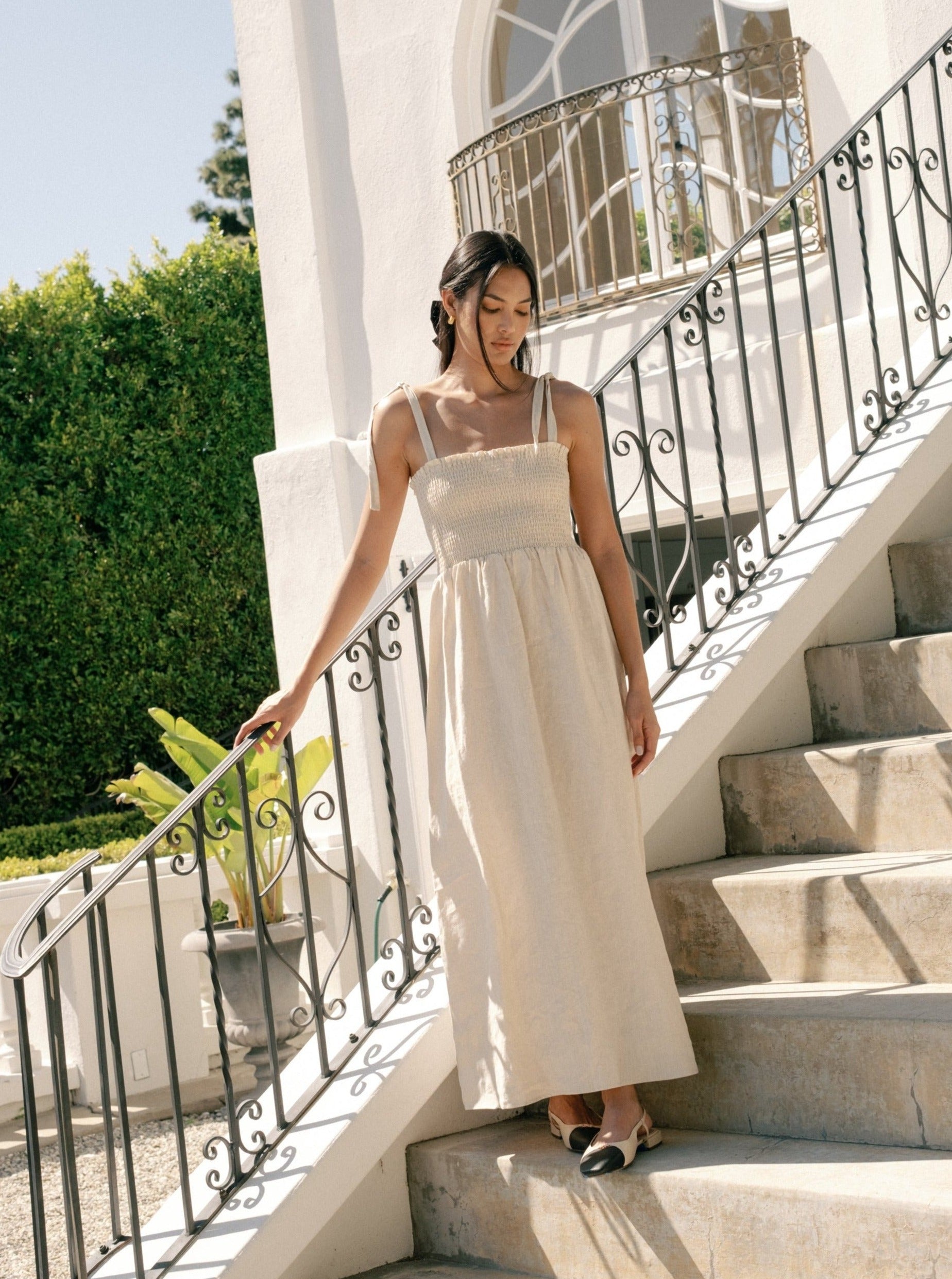 Sophie Dress - Oatmeal Linen Midi Dress for Women | Breathable & Comfortable Summer Dress | Perfect for Beach, Vacation & Casual Outings