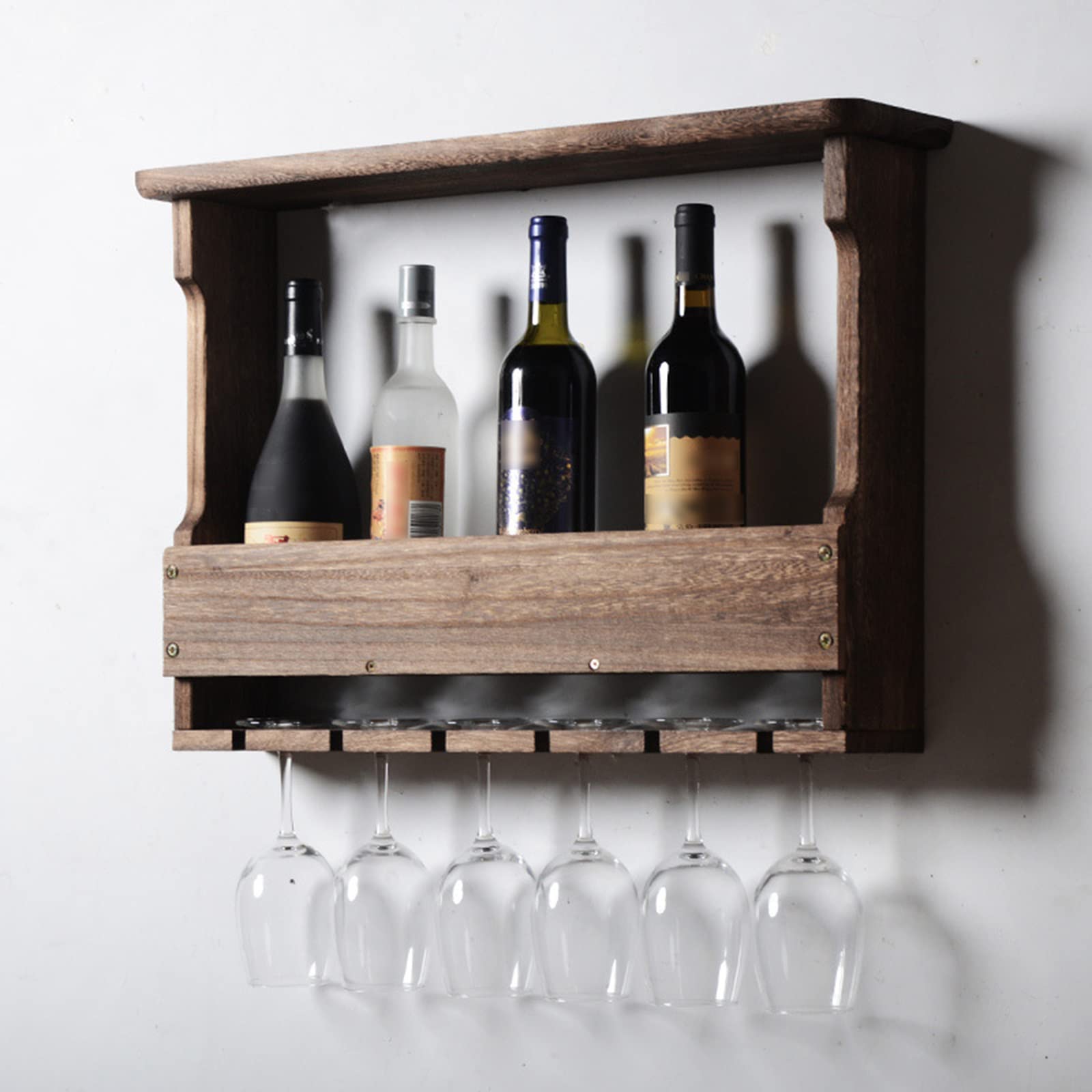 Solid Paulownia Wood Wall Mounted Wine Rack with 6-Bottle Storage & Glass Holder - Rustic Home Bar Decor for Kitchen, Dining Room & Wine Cellar Organization