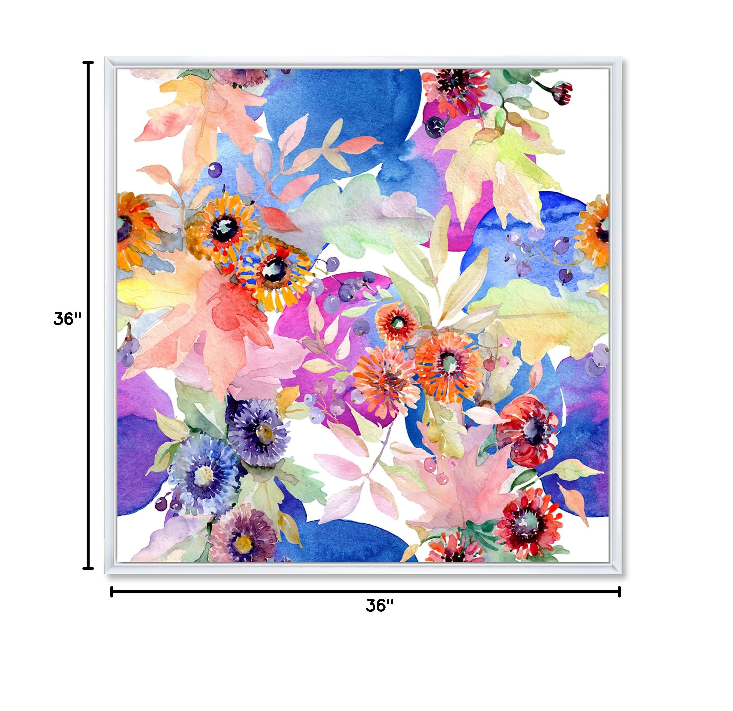 DesignQ Vibrant Wild Spring Leaves & Wildflowers IV - Modern Framed Canvas Wall Art Print for Living Room, Bedroom & Office Decor