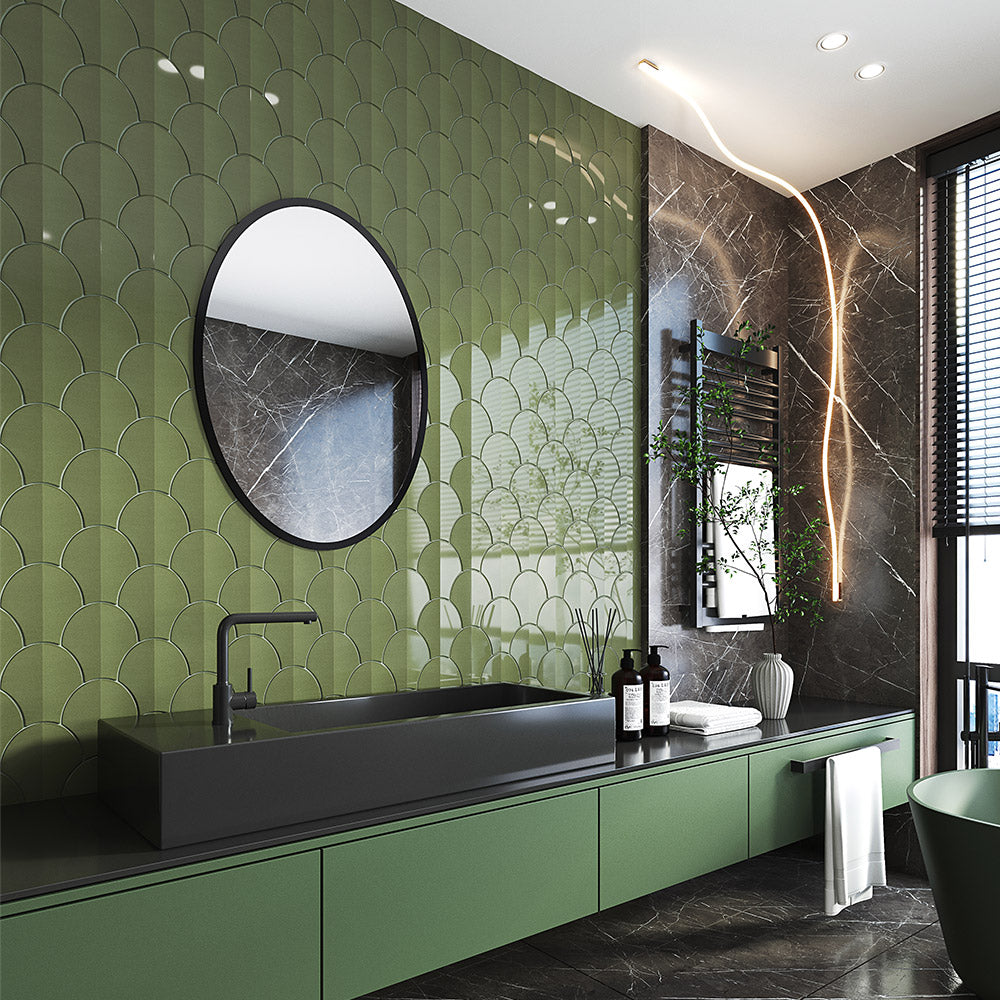 Premium Agra Olive Green Gloss Ceramic Tile 6x7 Inch (185x175mm) - Elegant Feather Pattern for Kitchen Backsplash, Bathroom Wall & Flooring