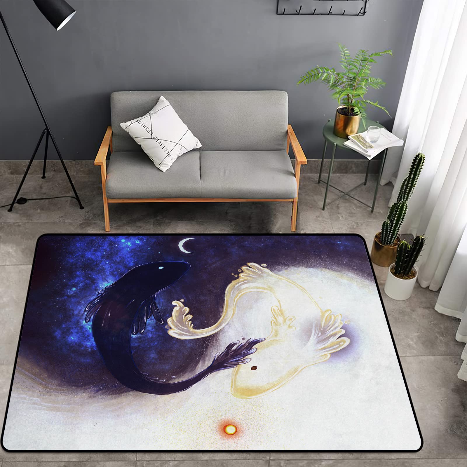 Washable Non-Slip Sponge Rug - Soft Thick Yin Yang Koi Carp Watercolor Design for Kids Bedroom, Living Room, Bathroom & Dorm | Super Absorbent Floor Mat for Indoor Home Decor & Play Areas