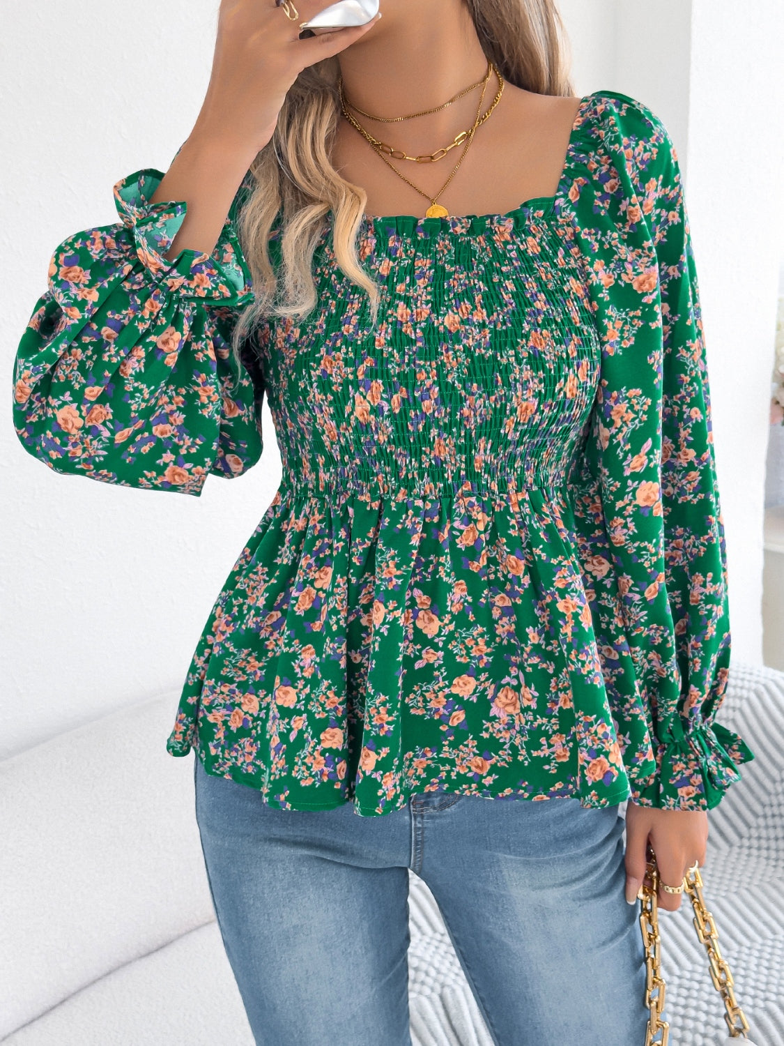 Floral Square Neck Flounce Sleeve Blouse for Women | Elegant Spring Summer Tops | Perfect for Office, Date Night & Special Occasions