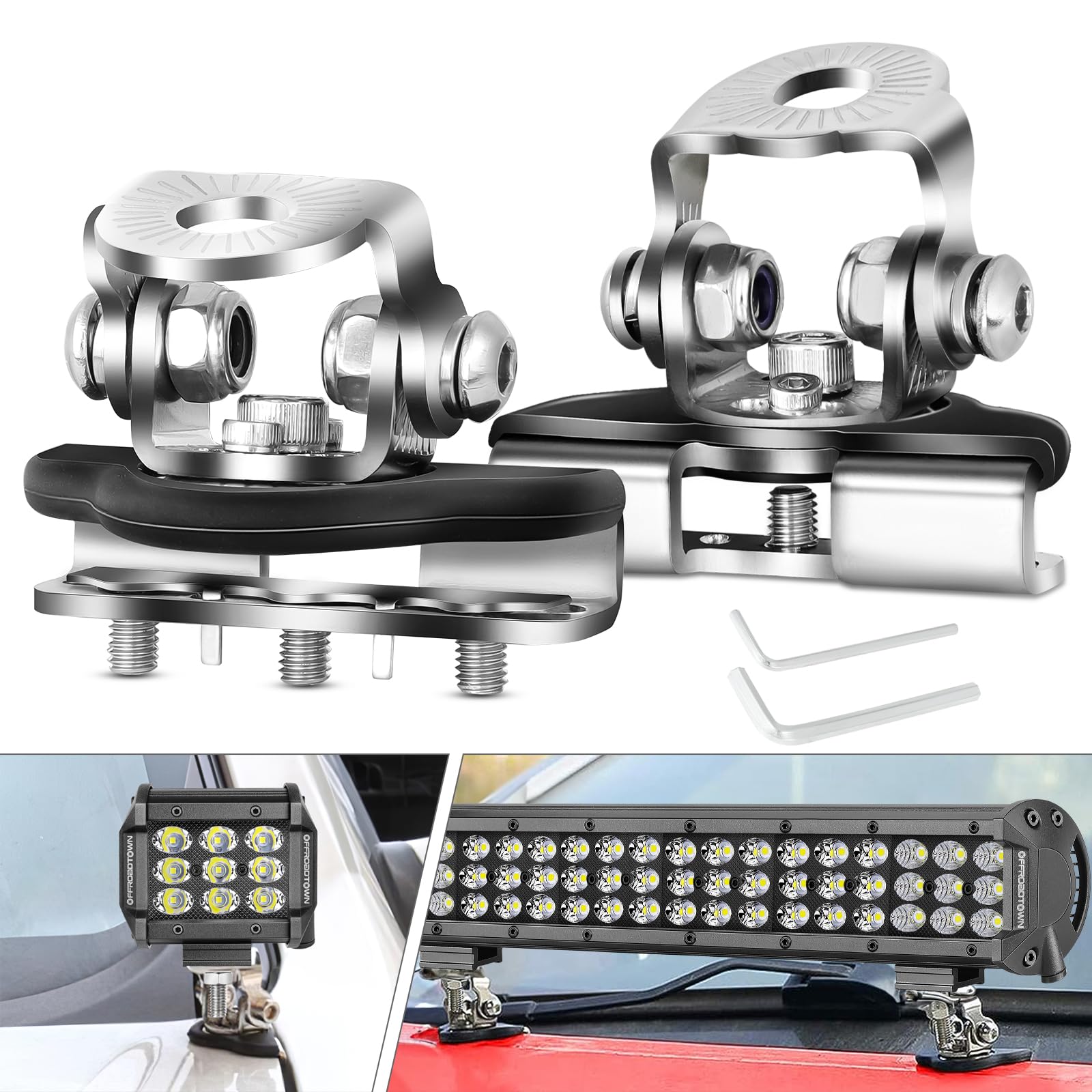 Universal LED Light Bar Mounting Brackets - 2PCS No Drill Adjustable Hood Mount Clamps for Off Road Trucks, Jeeps, SUVs - Perfect for Ditch Lights, Work Lights & Off-Roading Adventures