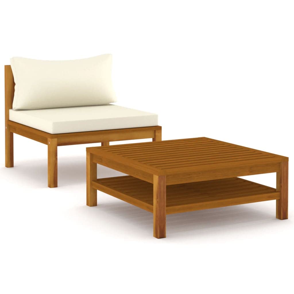 SKM 2-Piece Patio Sofa Set with Cream White Cushions - Acacia Wood Outdoor Furniture for Garden, Poolside & Backyard Relaxation