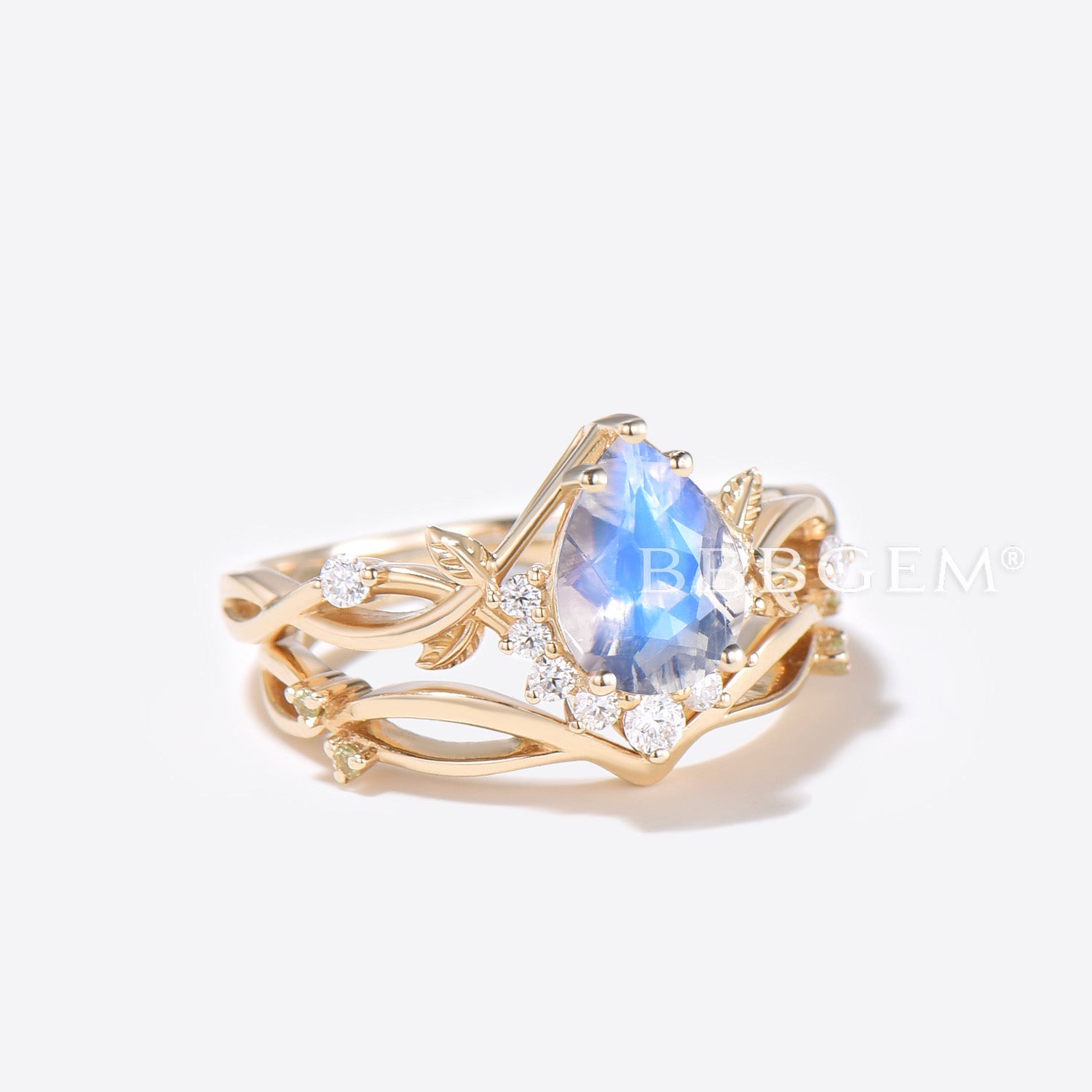 Rainbow Moonstone Teardrop Engagement Ring with Gold Leaf Vine Design - Vintage Bridal Jewelry Set for Weddings, Anniversaries & Special Occasions