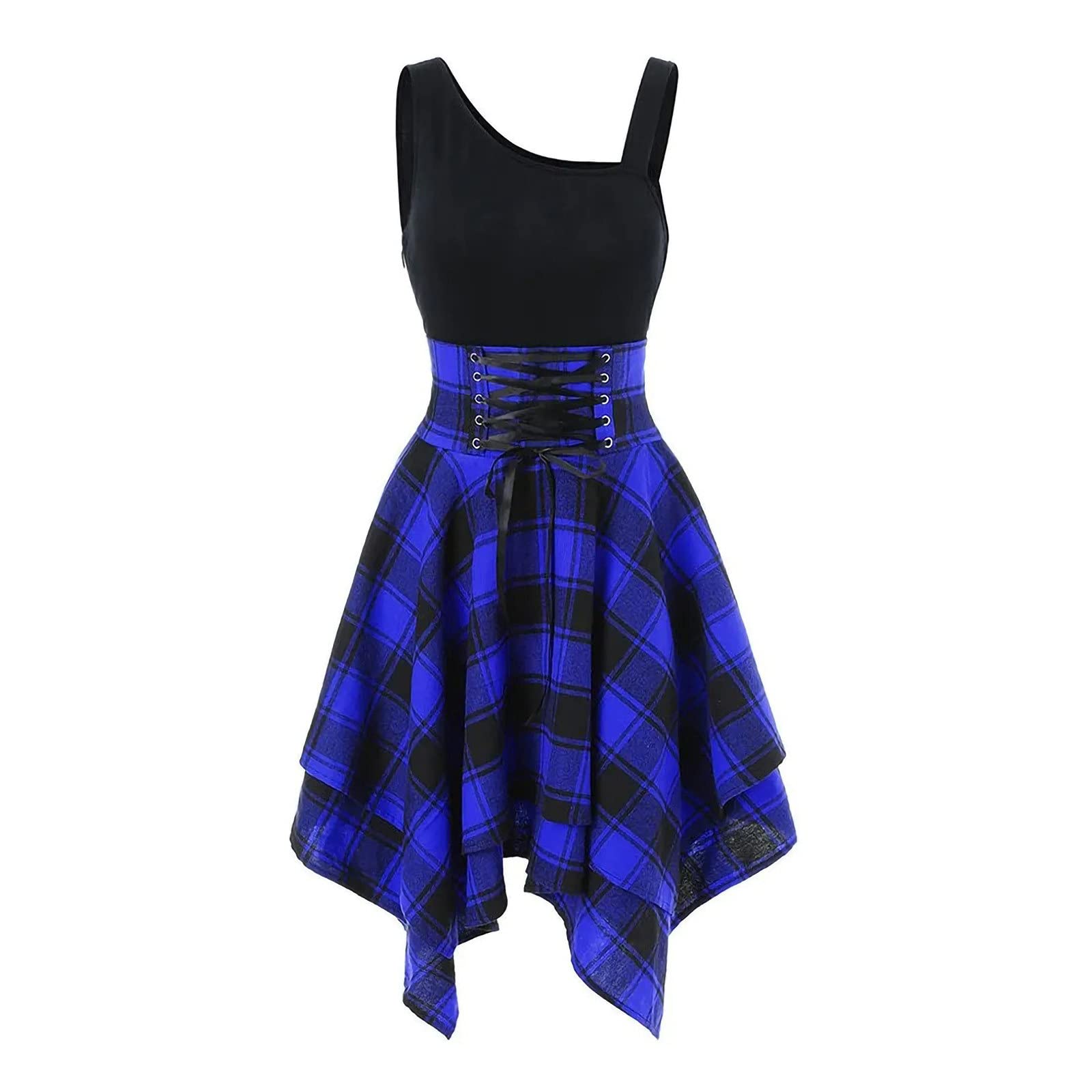Women's Summer Casual Dress - O-Neck Lace Up Plaid Print Asymmetrical Mini Dress for Wedding Guest, Beach Party & Date Night