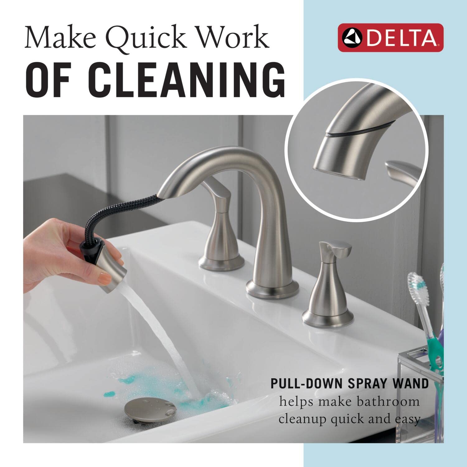 Delta Broadmoor Brushed Nickel Pull-Down Bathroom Faucet - Widespread 3-Hole Sink Faucet with Magnetic Docking & SpotShield Stainless Finish (Model 35765LF-SPPD) - Perfect for Modern Bathrooms, Guest Suites & Powder Rooms
