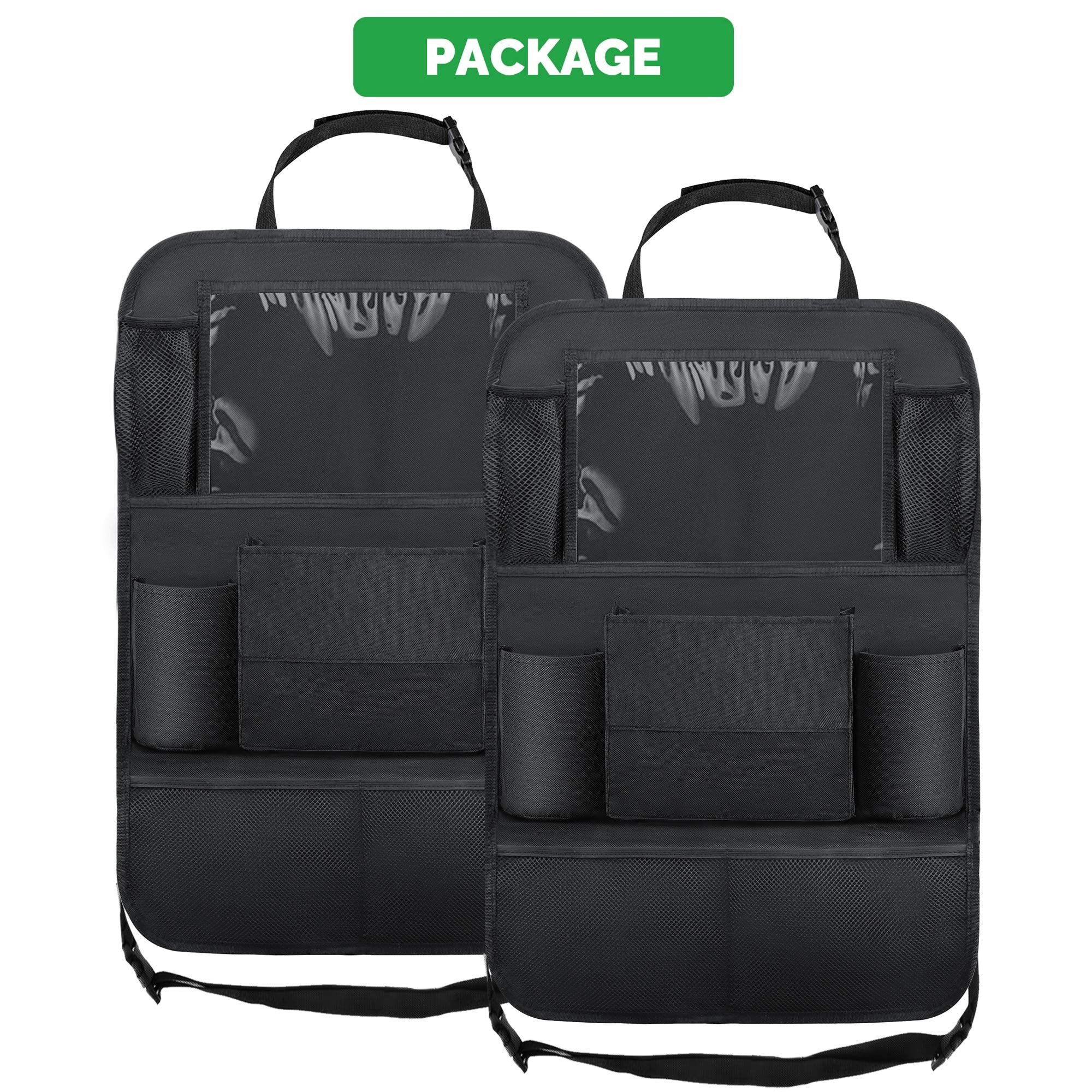 2 Pack Backseat Car Organizer with Kick Mats & Tablet Holder - Multi-Pocket Storage for Toys, Books, Bottles & Baby Travel Essentials | Perfect for Road Trips & Family Car Organization