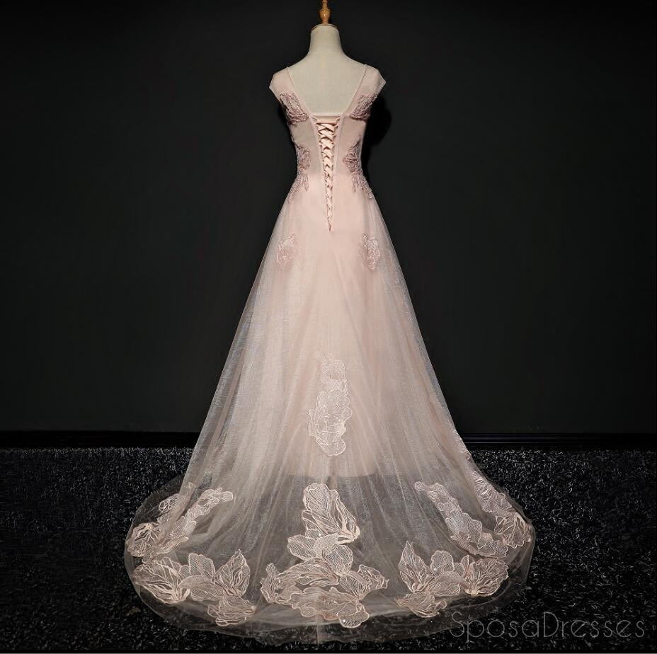 Elegant Blush Pink Cap Sleeve V-Neck Lace Long Prom Dress for Evening Parties | 2018 Popular Formal Gown | Custom Made Prom Dresses for Special Occasions - Perfect for Homecoming, Prom Night & Formal Events (Style 17216)