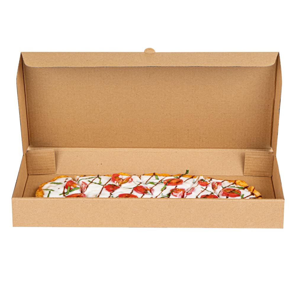 Eco-Friendly 15 x 7 x 1.5 Inch Flatbread Takeaway Boxes - 50 Pack Corrugated Pizza Boxes with E-Flute Design & Tab-Lock System | Kraft & Green Paper Disposable Food Containers for Restaurants, Catering & Delivery Services