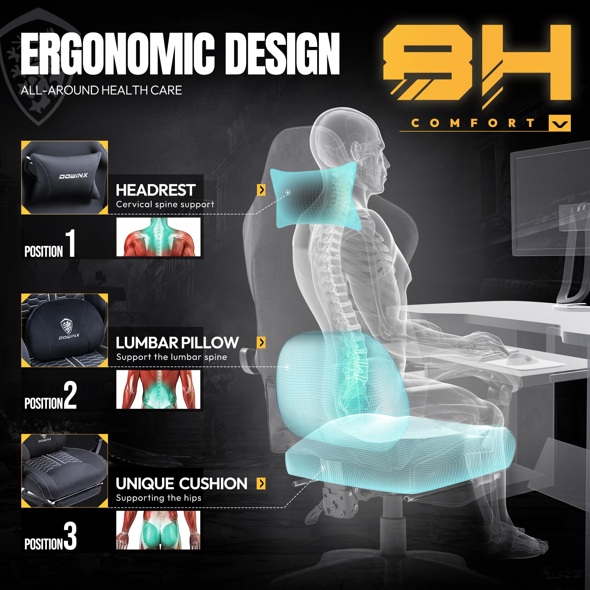 Dowinx Ergonomic Gaming Chair with Heated Massage & Lumbar Support - Reclining PC Office Chair with Pocket Spring Cushion & Footrest - High Back Computer Chair for Adults (330lbs Capacity, Black) - Perfect for Esports, Streaming & Home Office Work