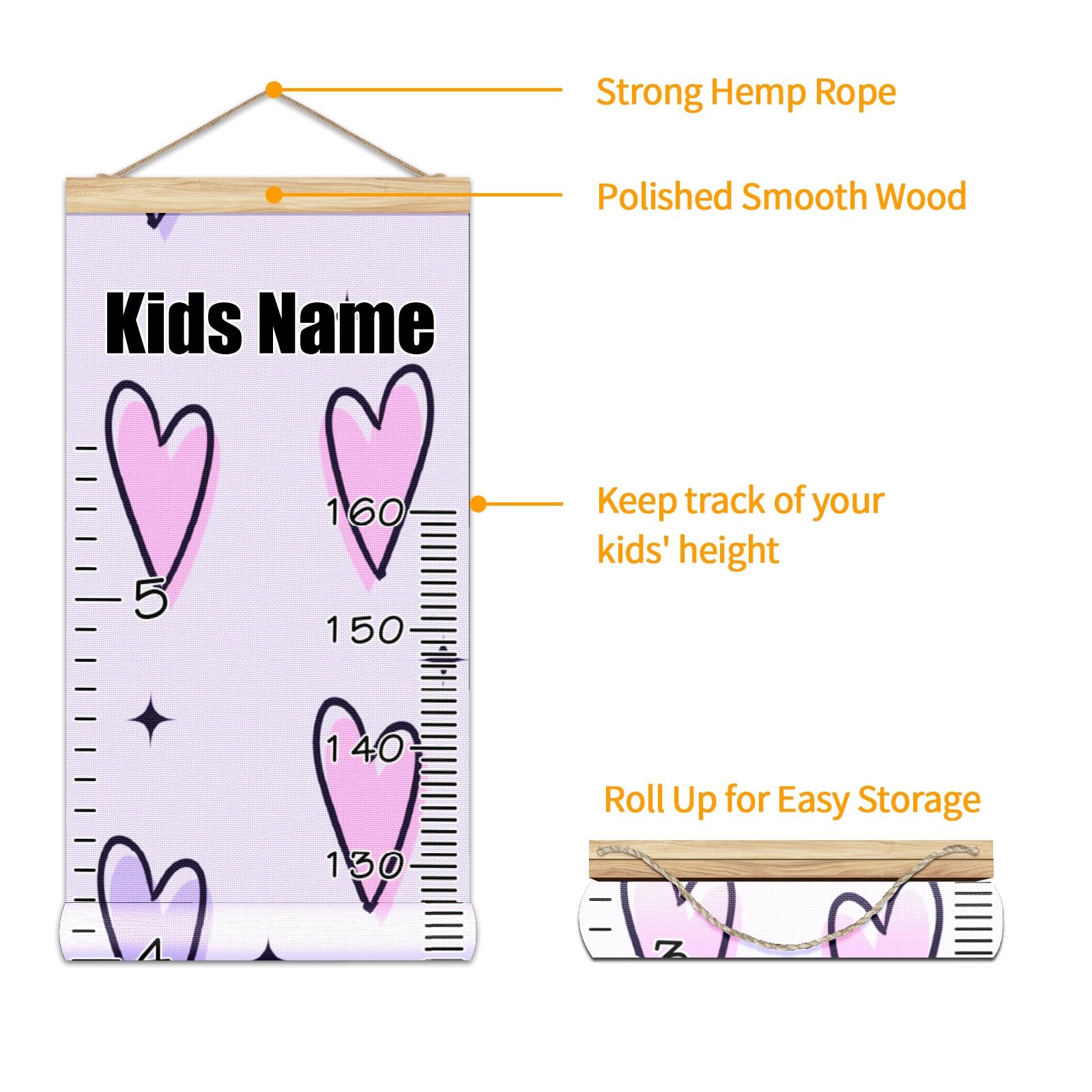 Personalized Wooden Kids Name Growth Chart Ruler - 13.4x56 Inch Wall Mounted Height Measurement Tool with Linen Finish for Nursery & Bedroom Decor (Pink/Purple) - Perfect for Tracking Child Development & Room Decoration