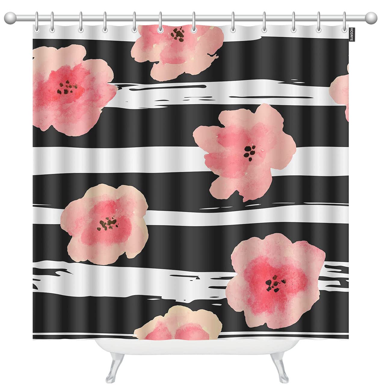 Pink Peach Blossom Watercolor Floral Shower Curtain - Black & White Grunge Stripes Spring Design - 60x72 Inch Polyester Fabric Bathroom Decor with 12 Hooks - Perfect for Modern, Vintage or Bohemian Style Bathrooms