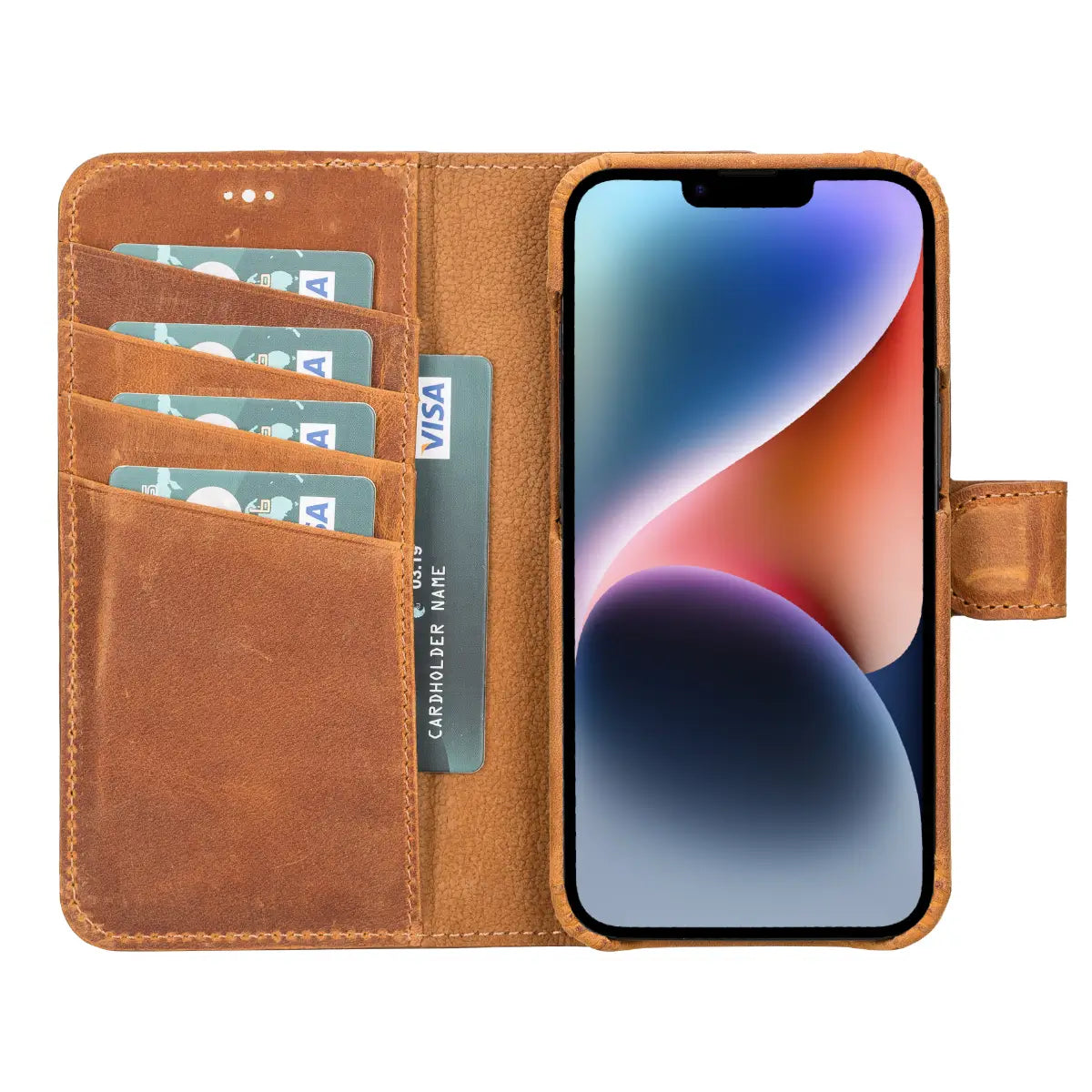 Premium Genuine Camel Brown Leather Wallet Case for iPhone 14 - Slim RFID Blocking Card Holder & Phone Cover (Perfect for Travel, Business & Everyday Use)