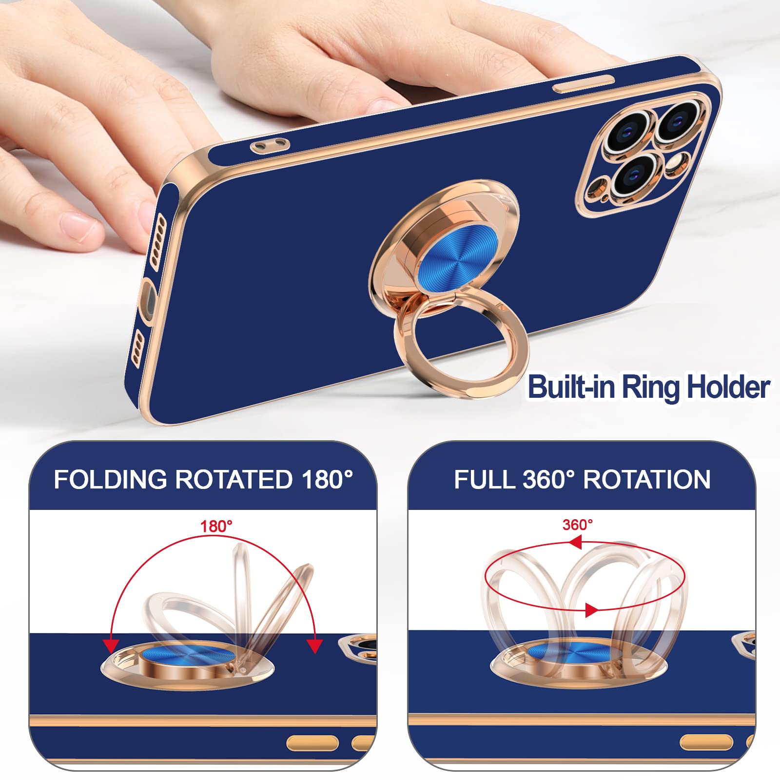 Hython iPhone 12 Pro Max Case with 360° Rotatable Ring Stand & Magnetic Kickstand - Shockproof Protective Phone Cover with Soft Microfiber Lining & Rose Gold Edge (Blue) - Perfect for Work, Travel & Hands-Free Viewing